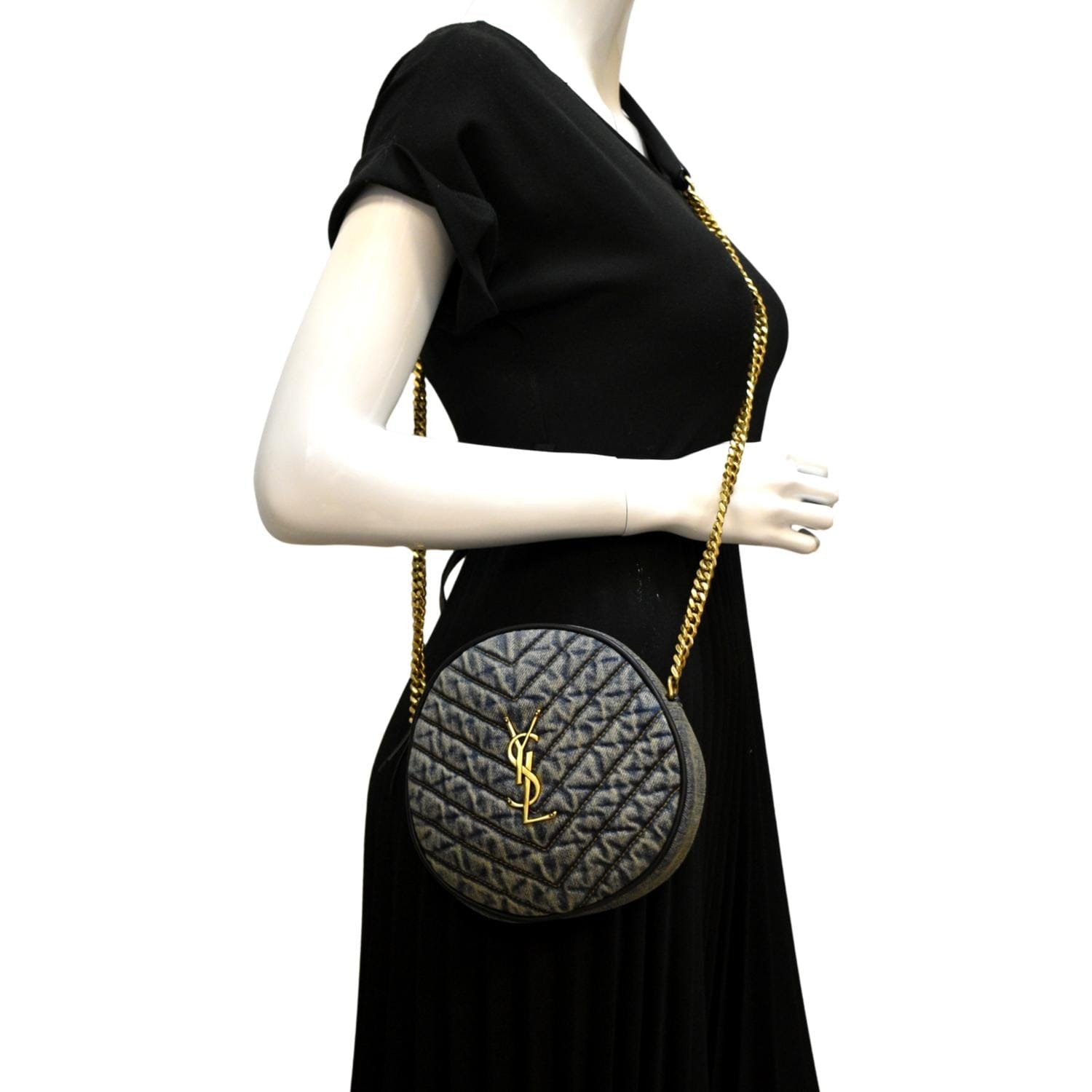 YSL Saint Laurent Saint Vinyle Round Camera Crossbody Bag Denim Black