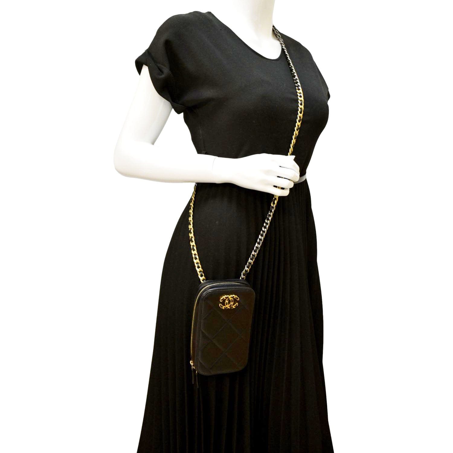 Chanel 19 Zip Quilted Phone Leather Black Travel Bag