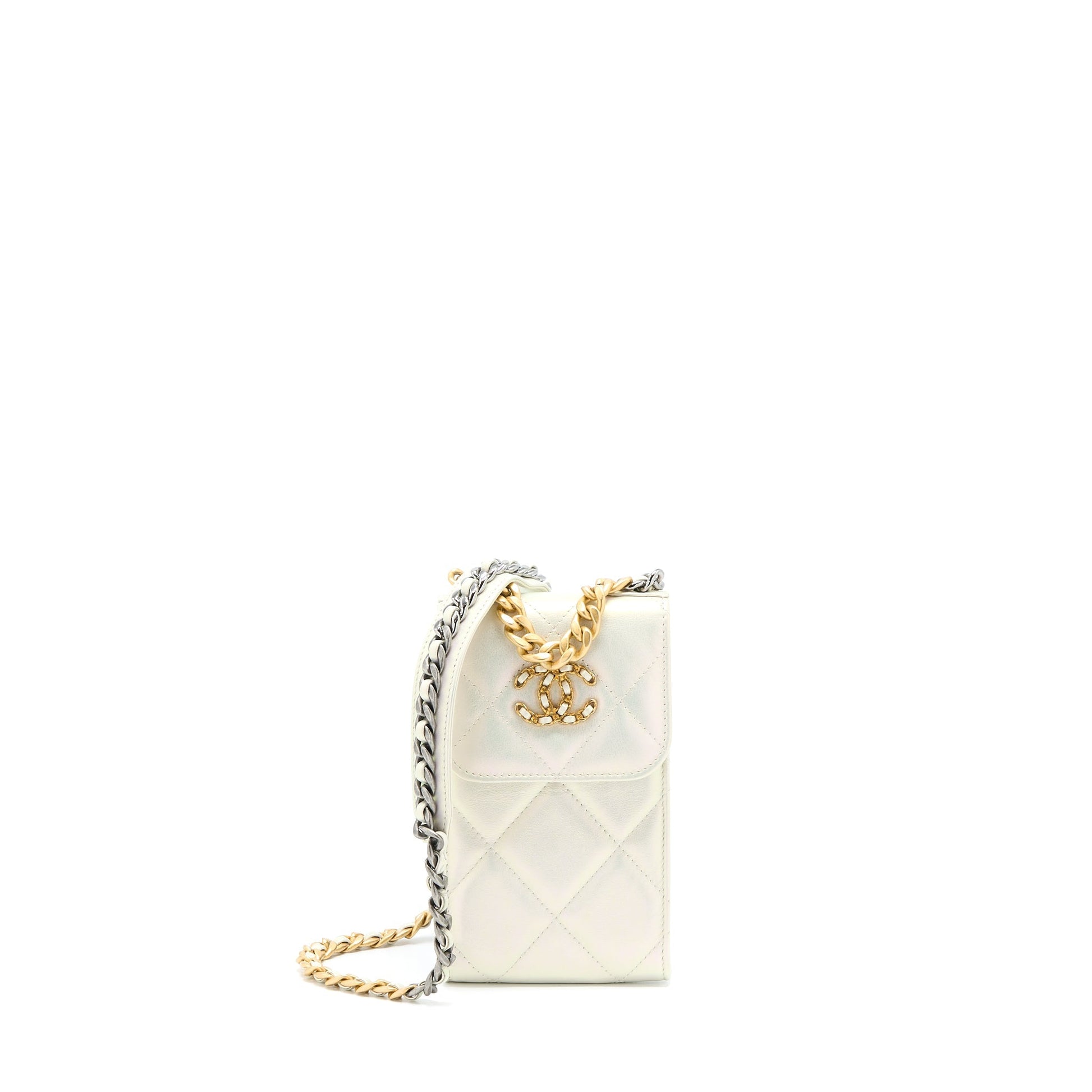 Chanel 19 Phone Iridescent GHW White Handbag