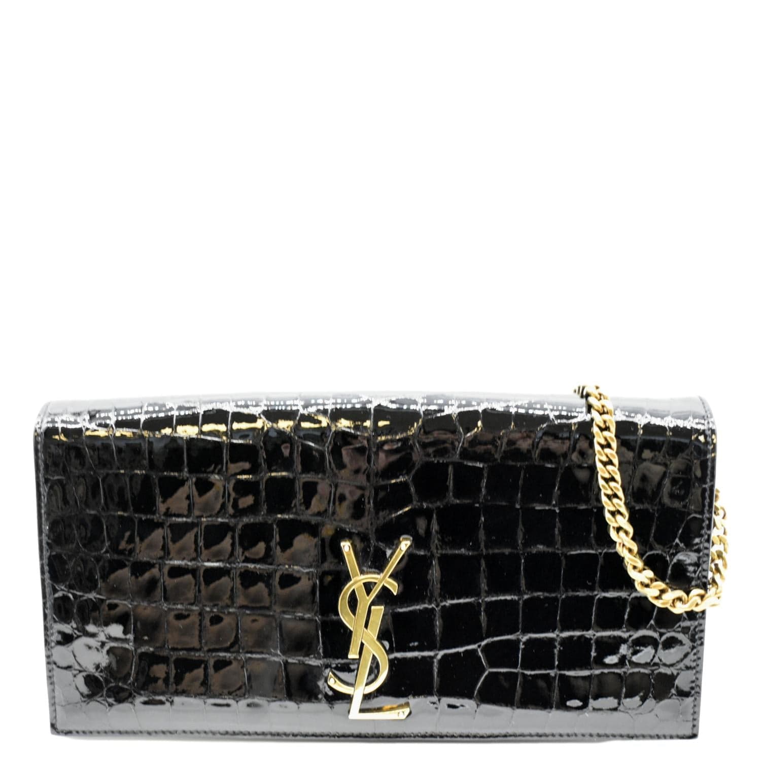 YSL Saint Laurent Yves Kate Alligator Shoulder Bag Leather Black Chain