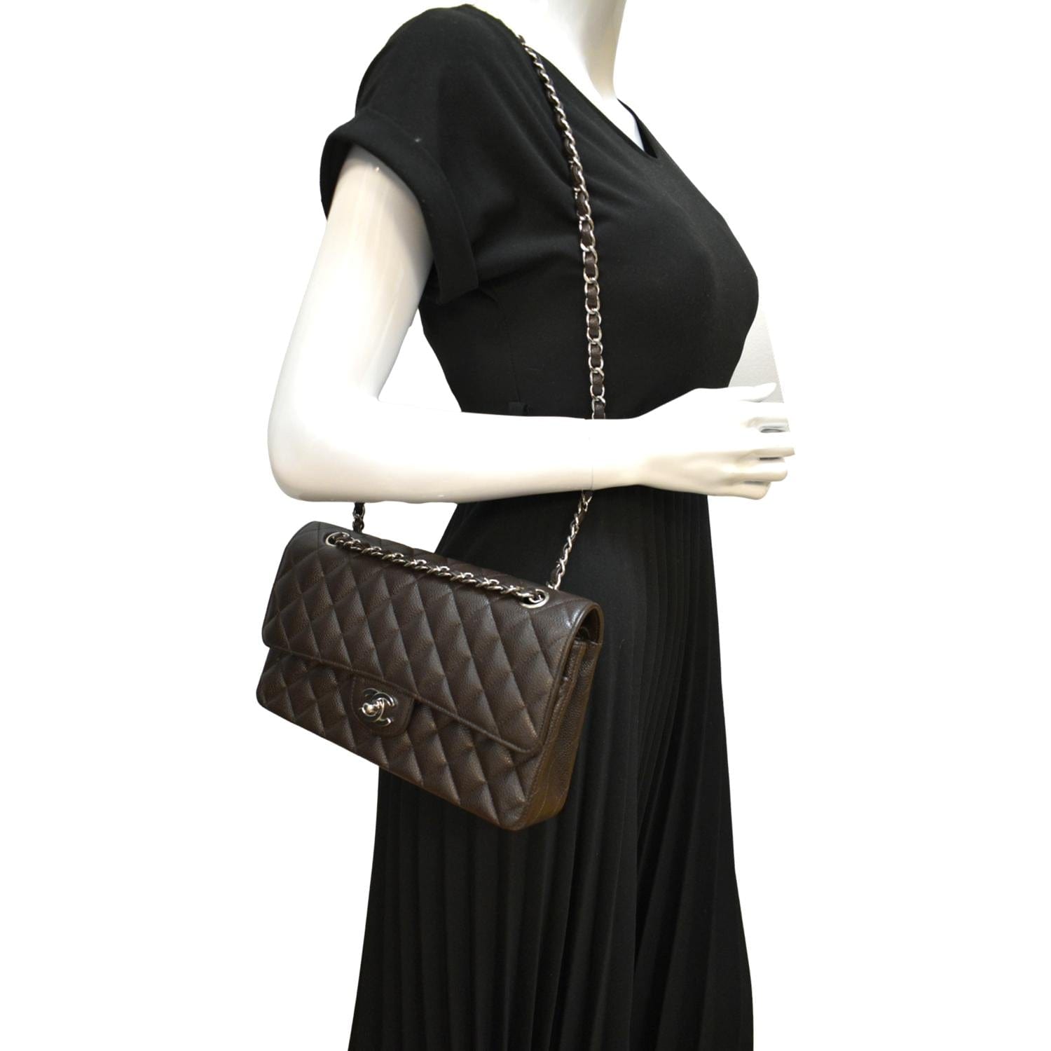 Chanel Classic Double Flap Caviar Chocolate Leather Travel Bag