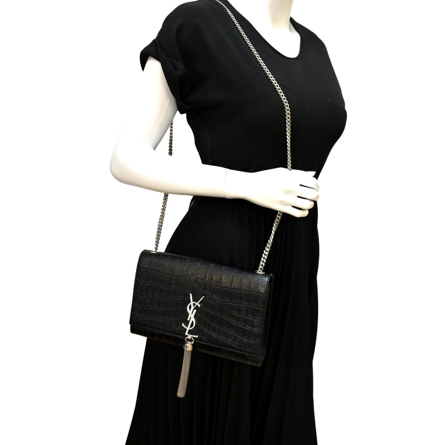 YSL Saint Laurent Yves Kate Crocodile Shoulder Bag Leather Black Embossed