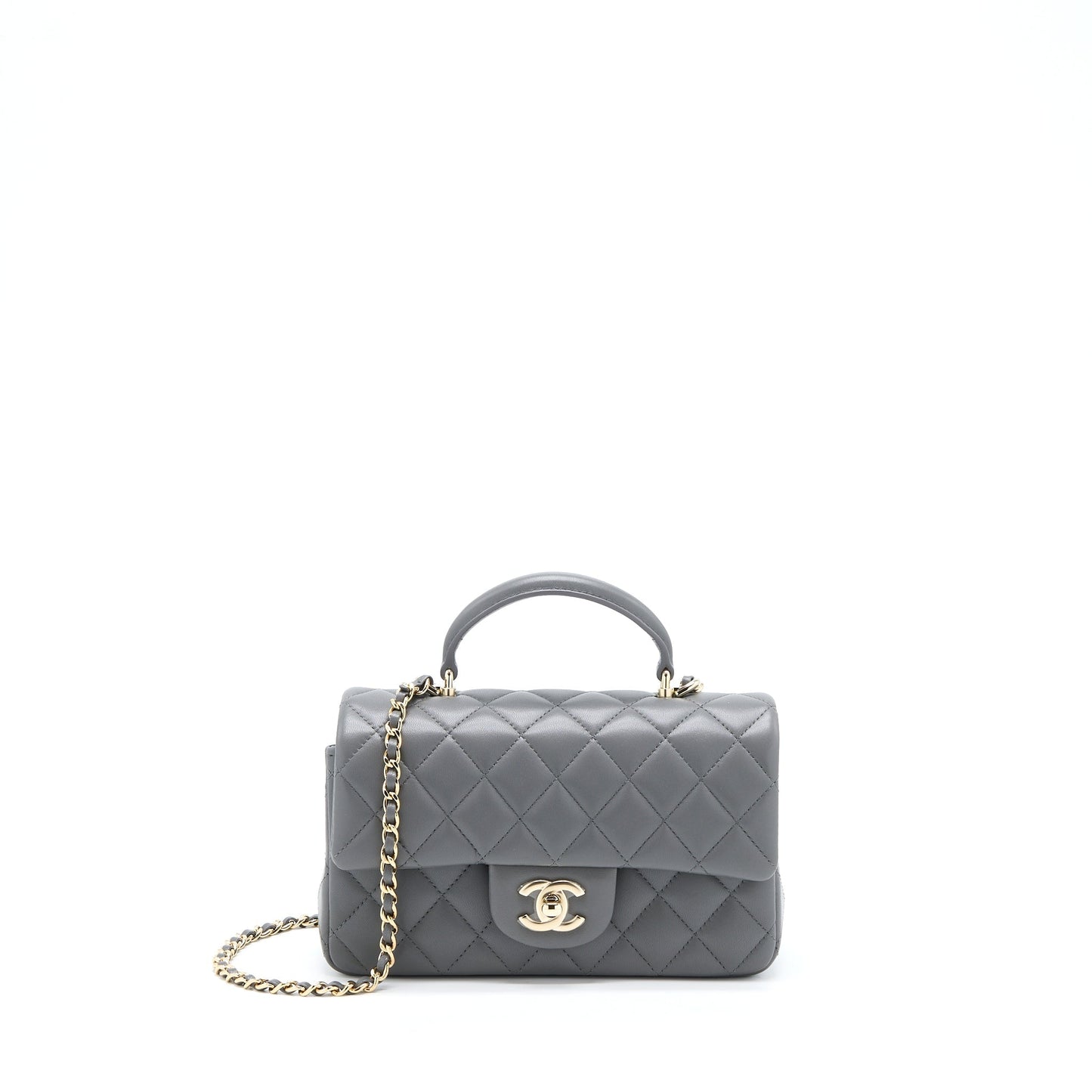 Chanel 22A Top Handle Rectangular Flap Lambskin Grey Shoulder Bag Grey Lghwmicrochip