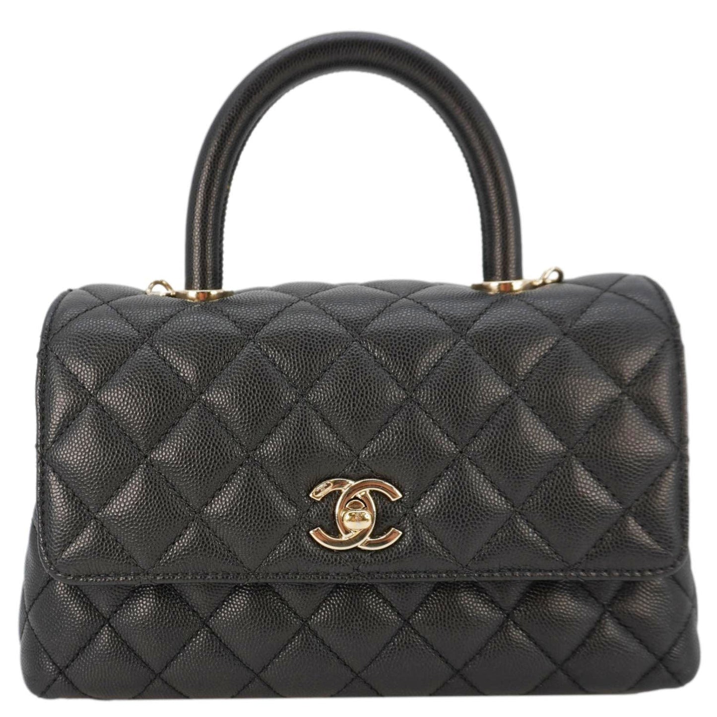 Chanel Coco Flap Quilted Caviar Handle Leather Black Travel Bag