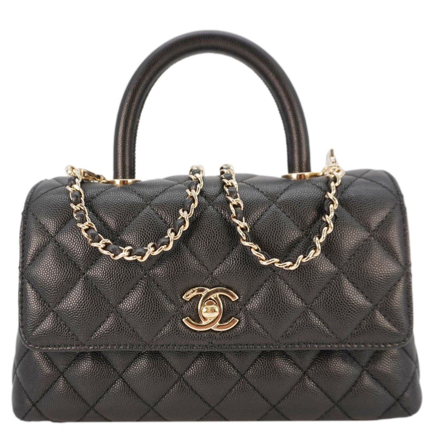 Chanel Coco Flap Quilted Caviar Handle Leather Black Travel Bag