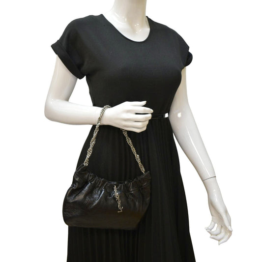 YSL Saint Laurent Yves Pac Pac Ruched Hobo Bag Leather Black