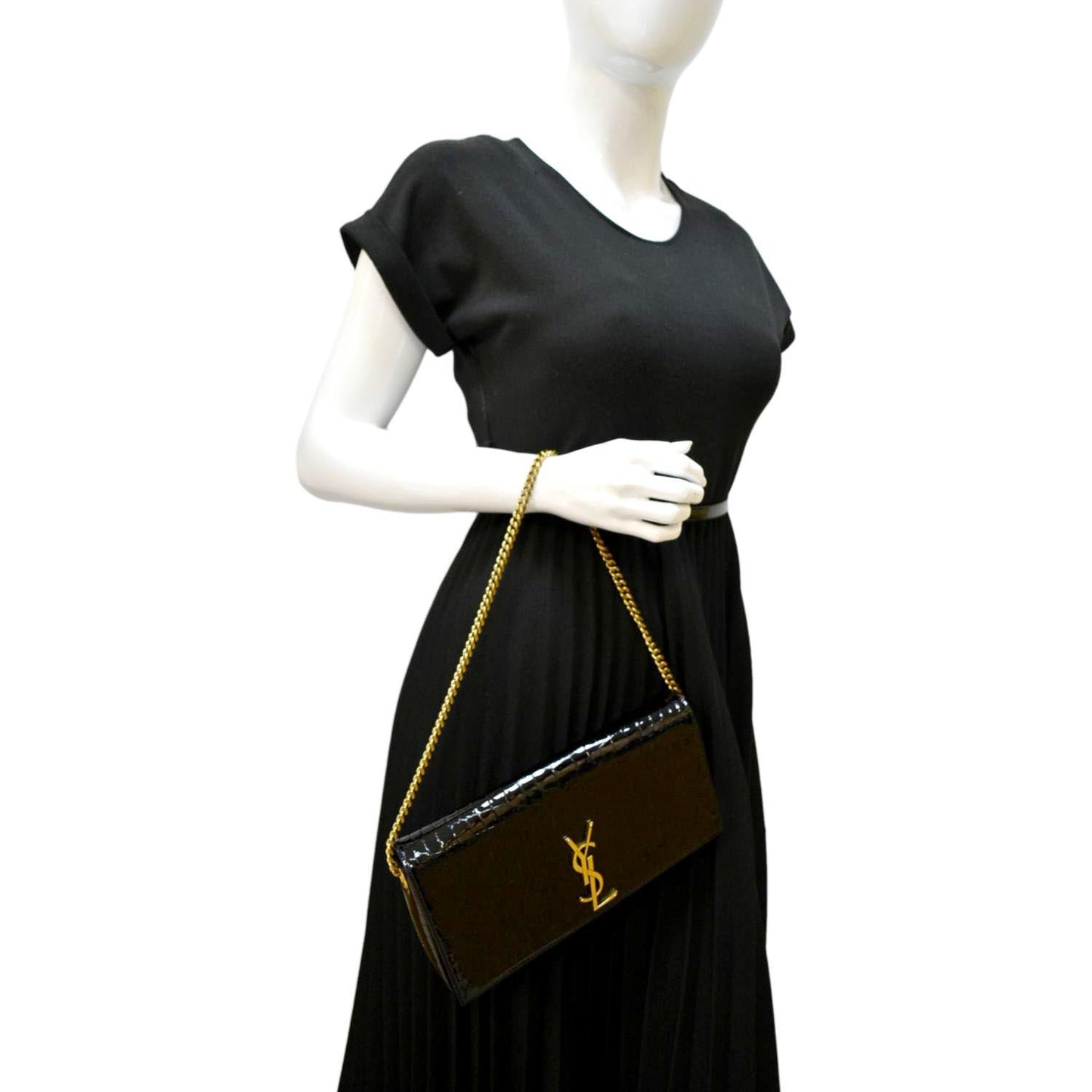 YSL Saint Laurent Yves Kate Alligator Shoulder Bag Leather Black Chain