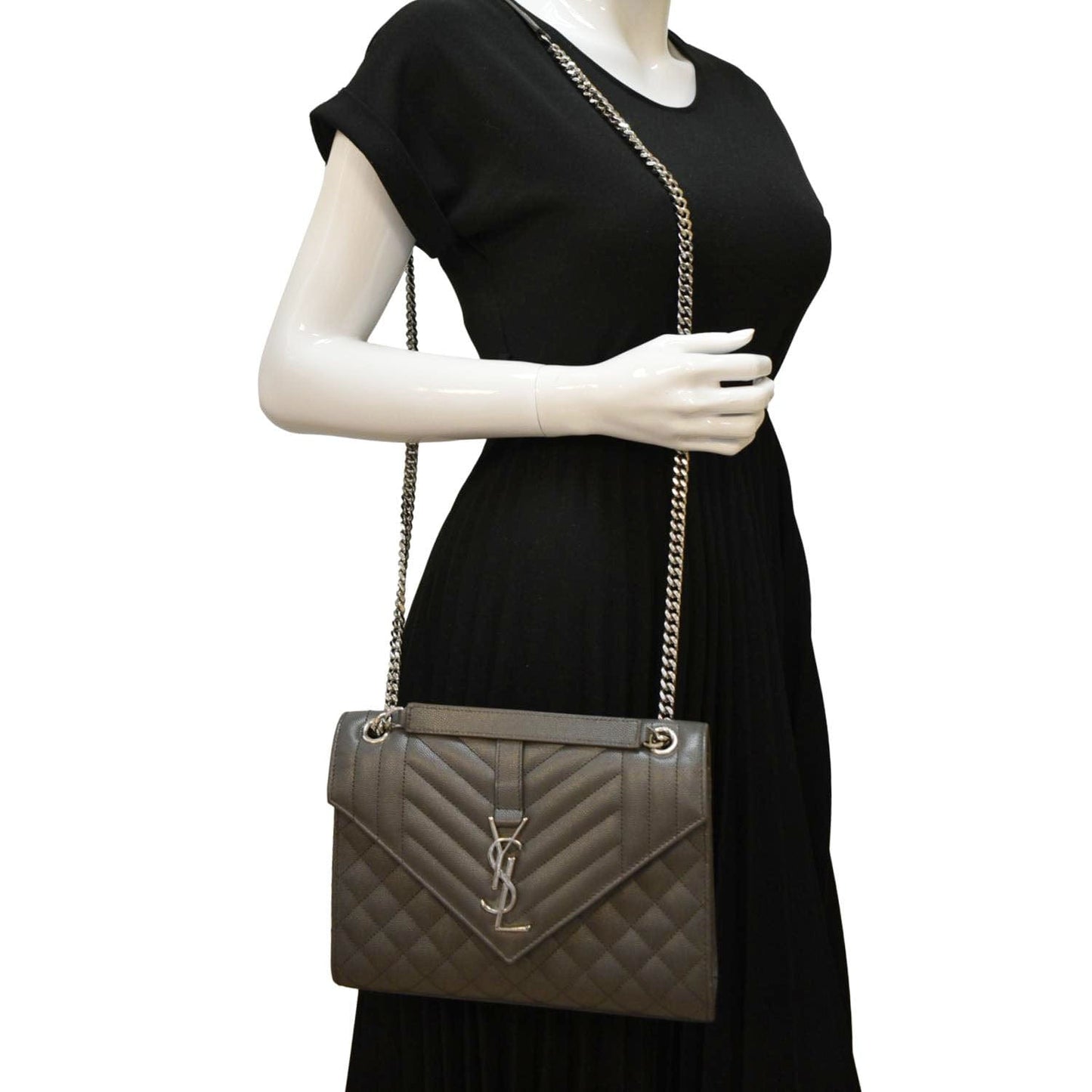 YSL Saint Laurent Yves Envelope Mix Matelass Crossbody Bag Grey Leather Gray Medium