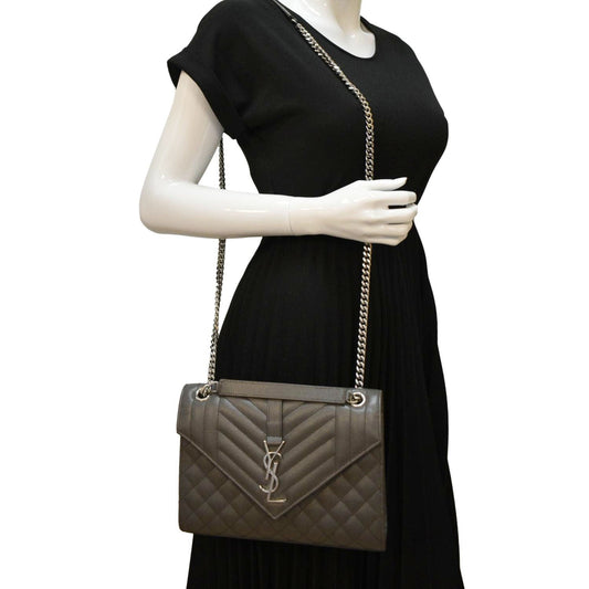 YSL Saint Laurent Yves Envelope Mix Matelass Crossbody Bag Grey Leather Gray Medium