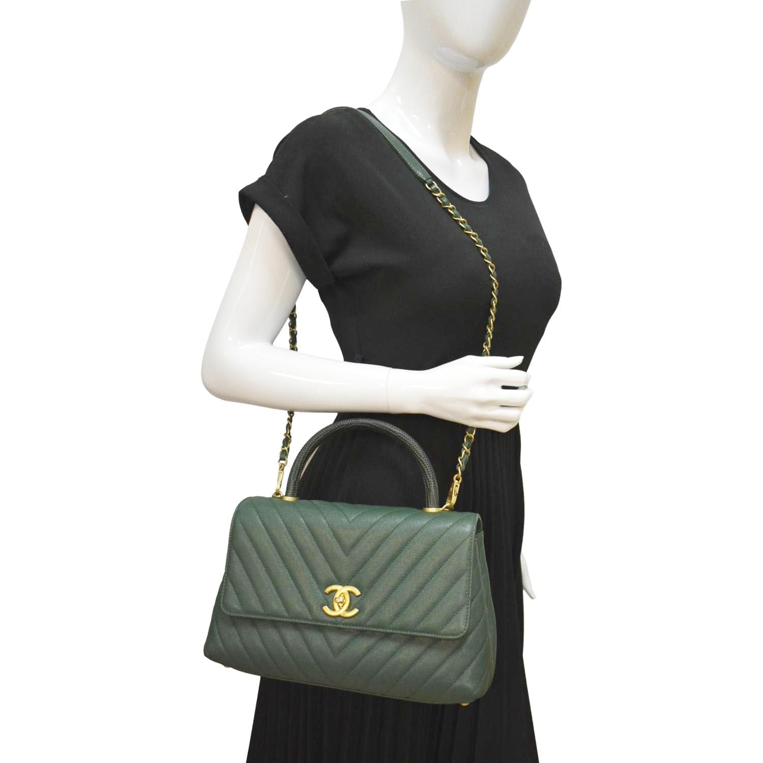 Chanel CC Caviar Top Handle Flap Leather Green Travel Bag