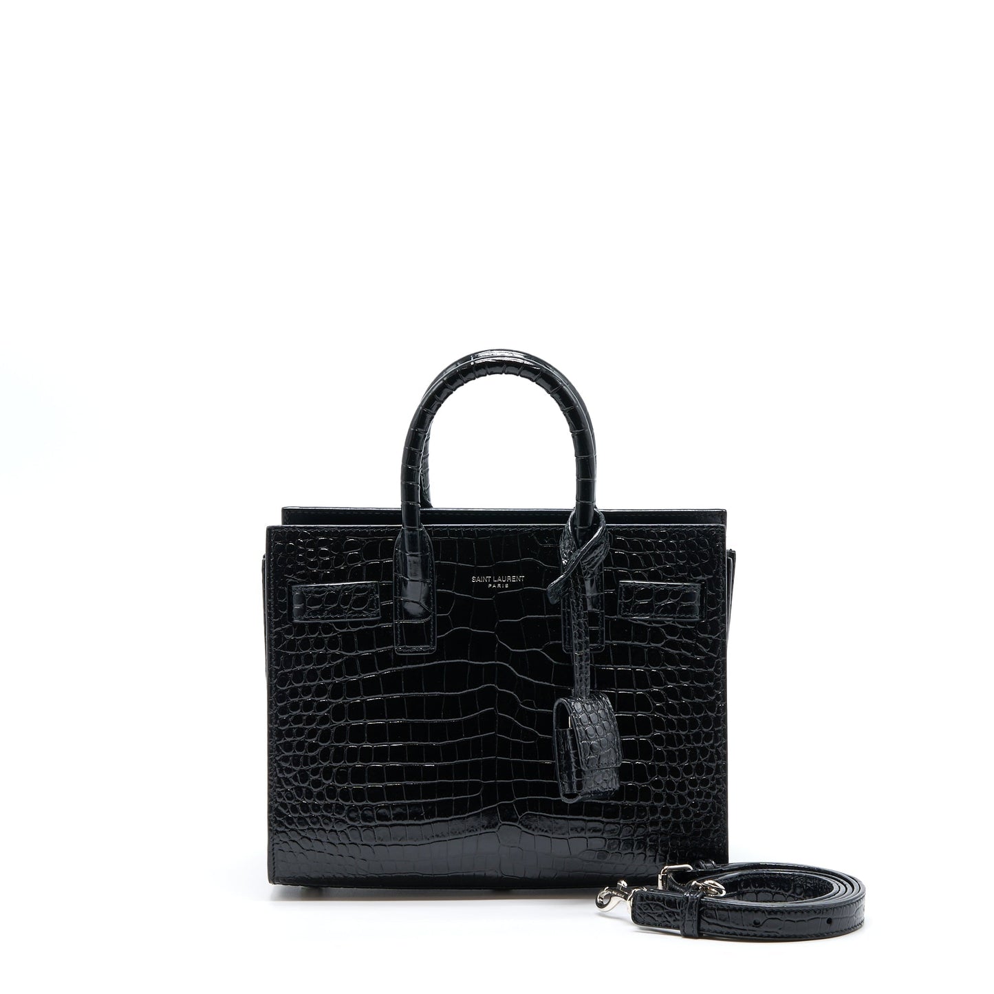 YSL Saint Laurent Sac De Jour Nano Crocodile Embossed Travel Black Travel Bag