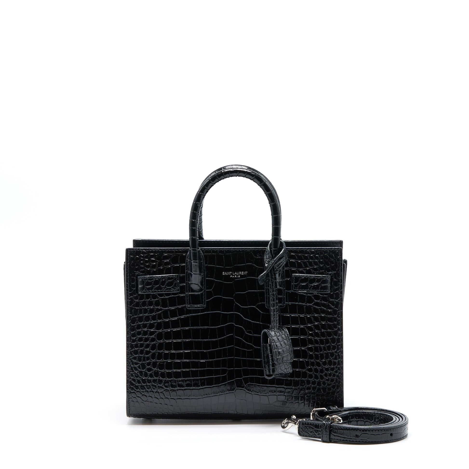 YSL Saint Laurent Sac De Jour Nano Crocodile Embossed Travel Black Travel Bag