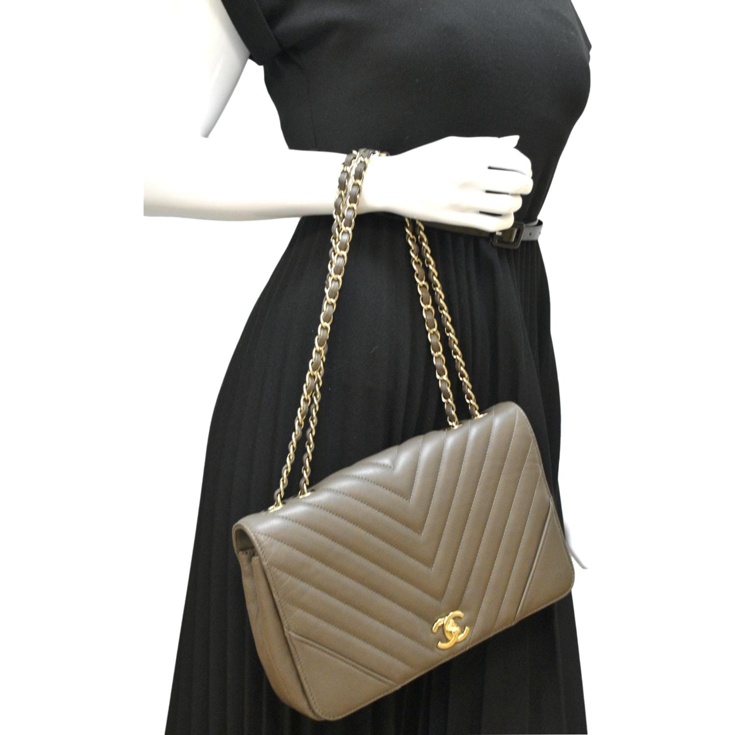 Chanel Statement Flap Quilted Chevron Khaki Travel Bag