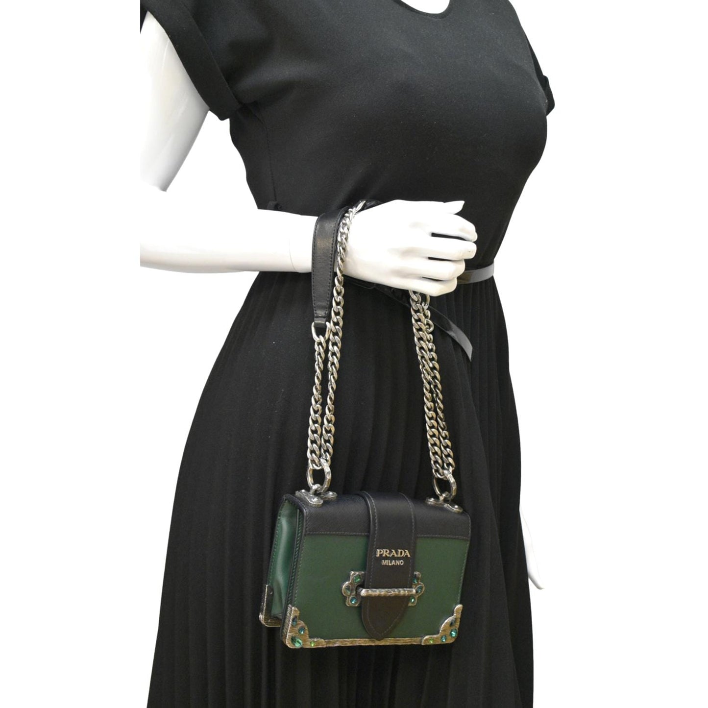 Prada Cahier Swarovski Crystals Shoulder Bag Leather Green Cahier Swarovski Crystals
