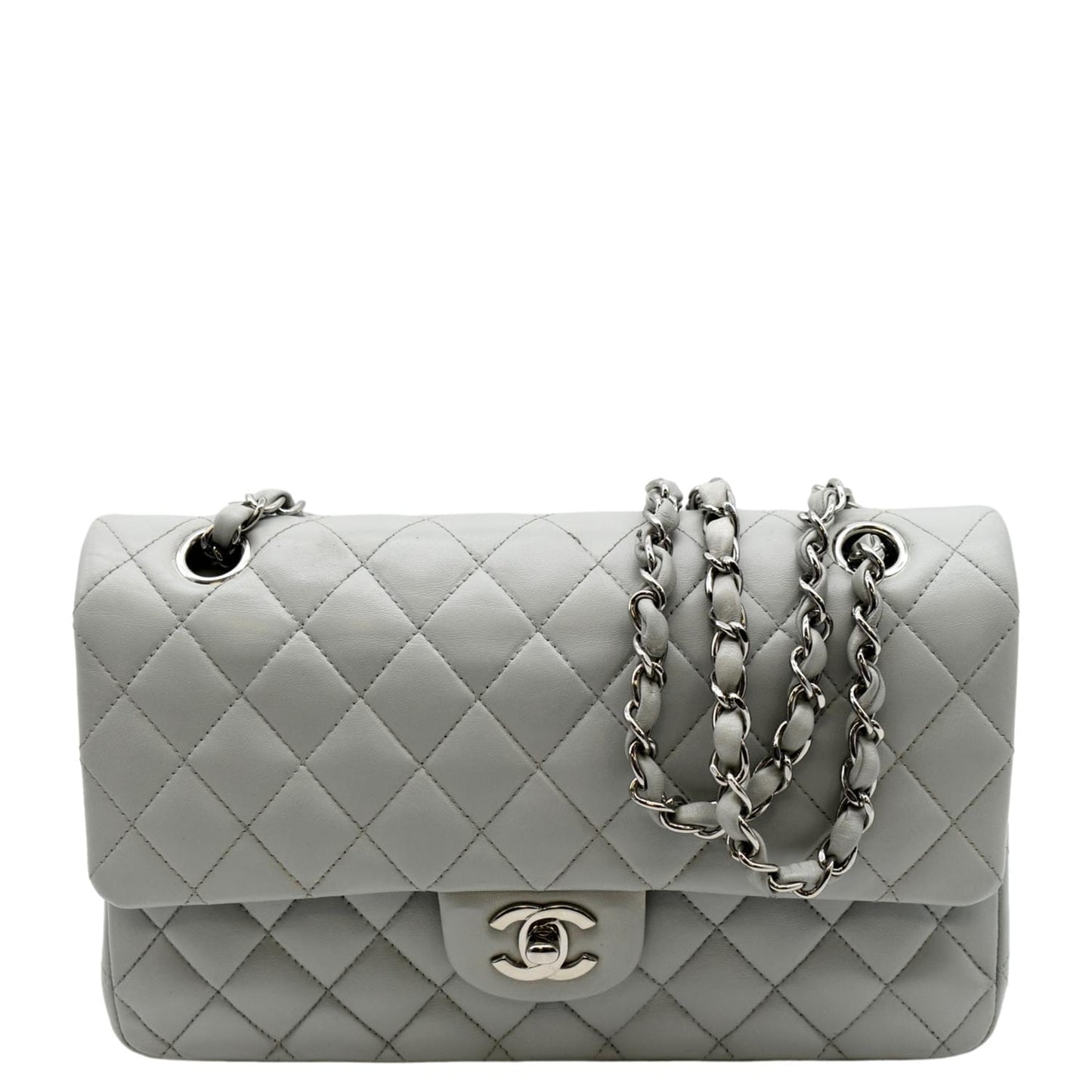 Chanel Double Flap Leather Calfskin Grey Travel Bag
