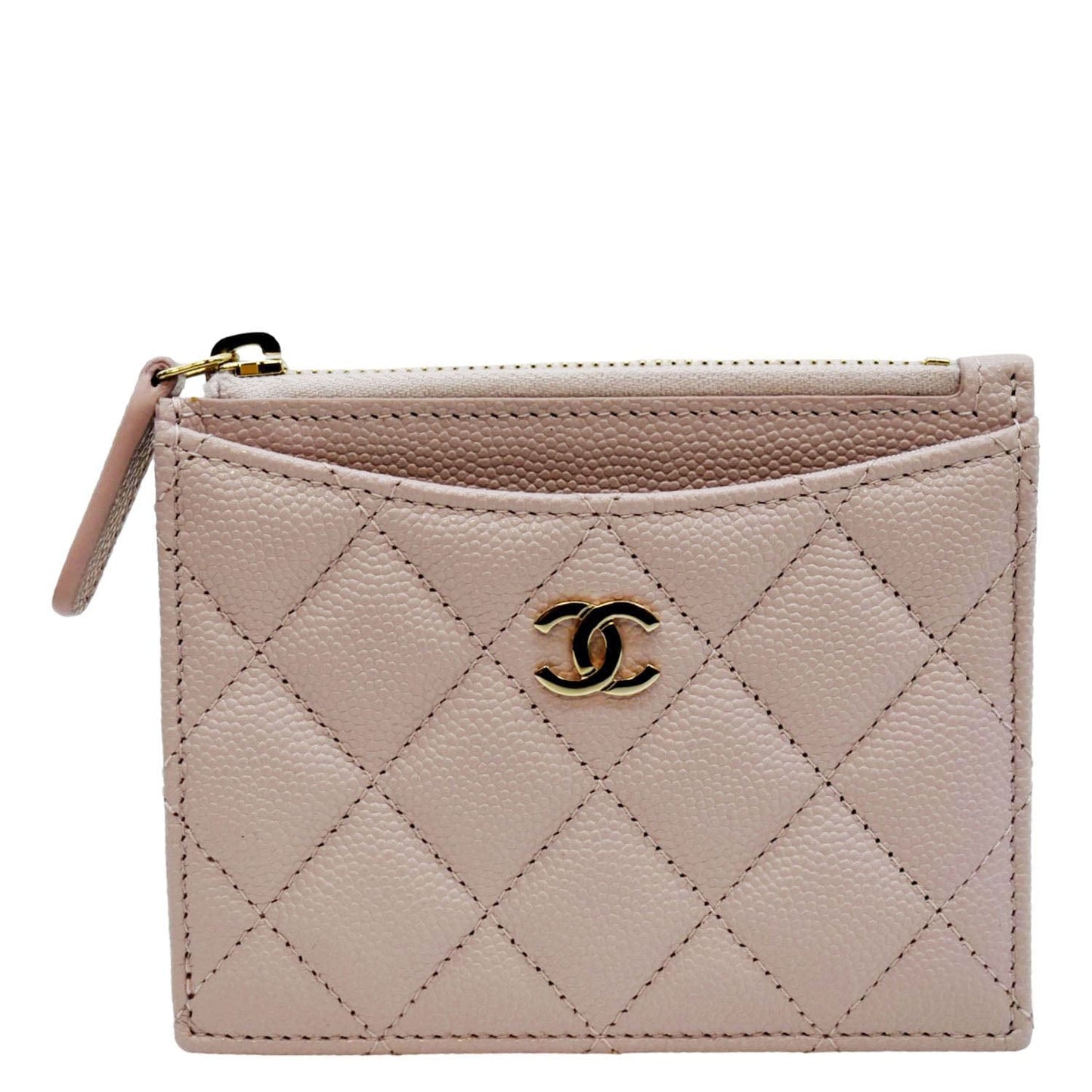 Chanel Quilted Caviar Top Zip Card Leather Pink Wallet Case