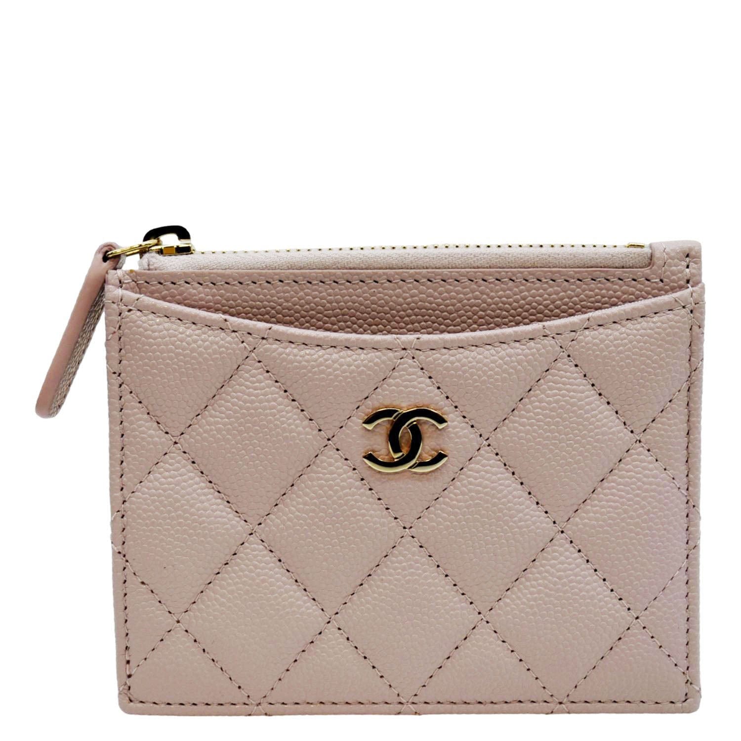 Chanel Quilted Caviar Top Zip Card Leather Pink Wallet Case