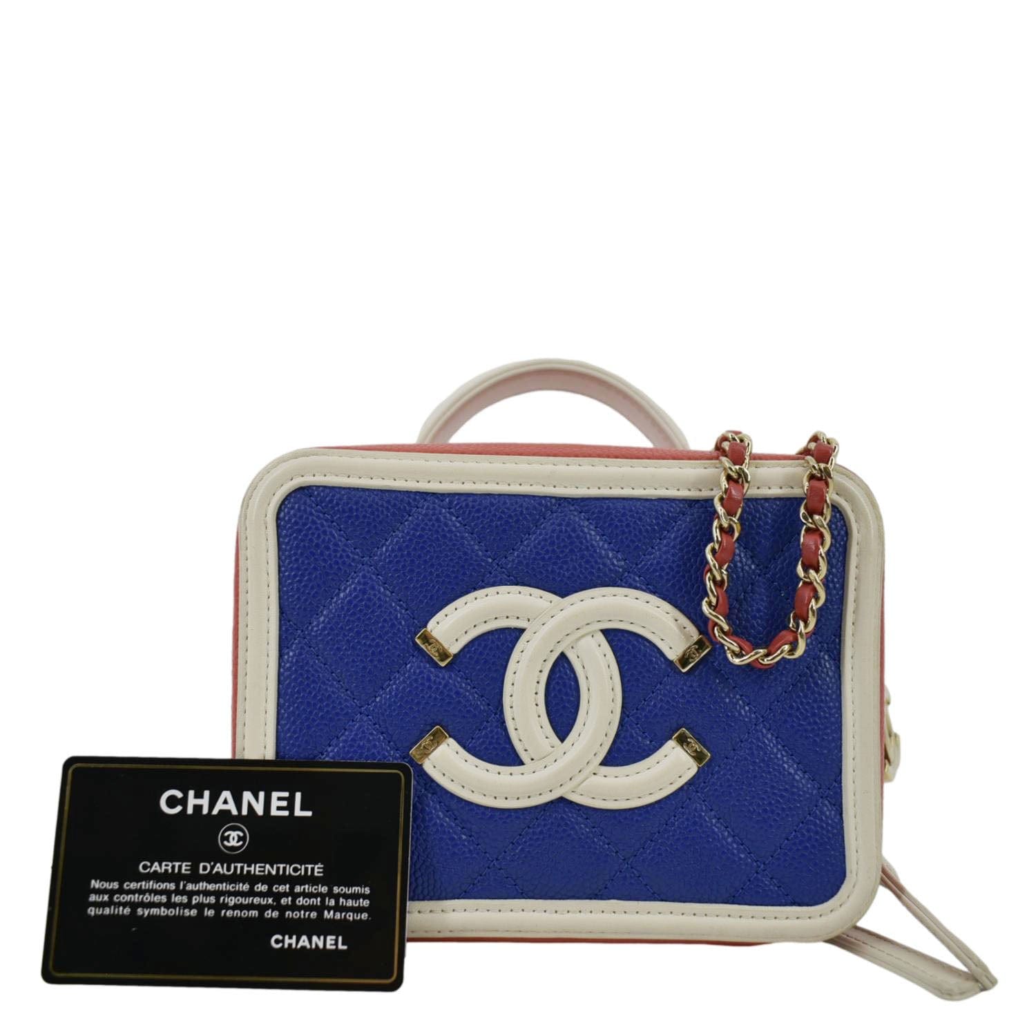 Chanel Filigree Quilted Caviar Top Handle Leather Blue Travel Bag