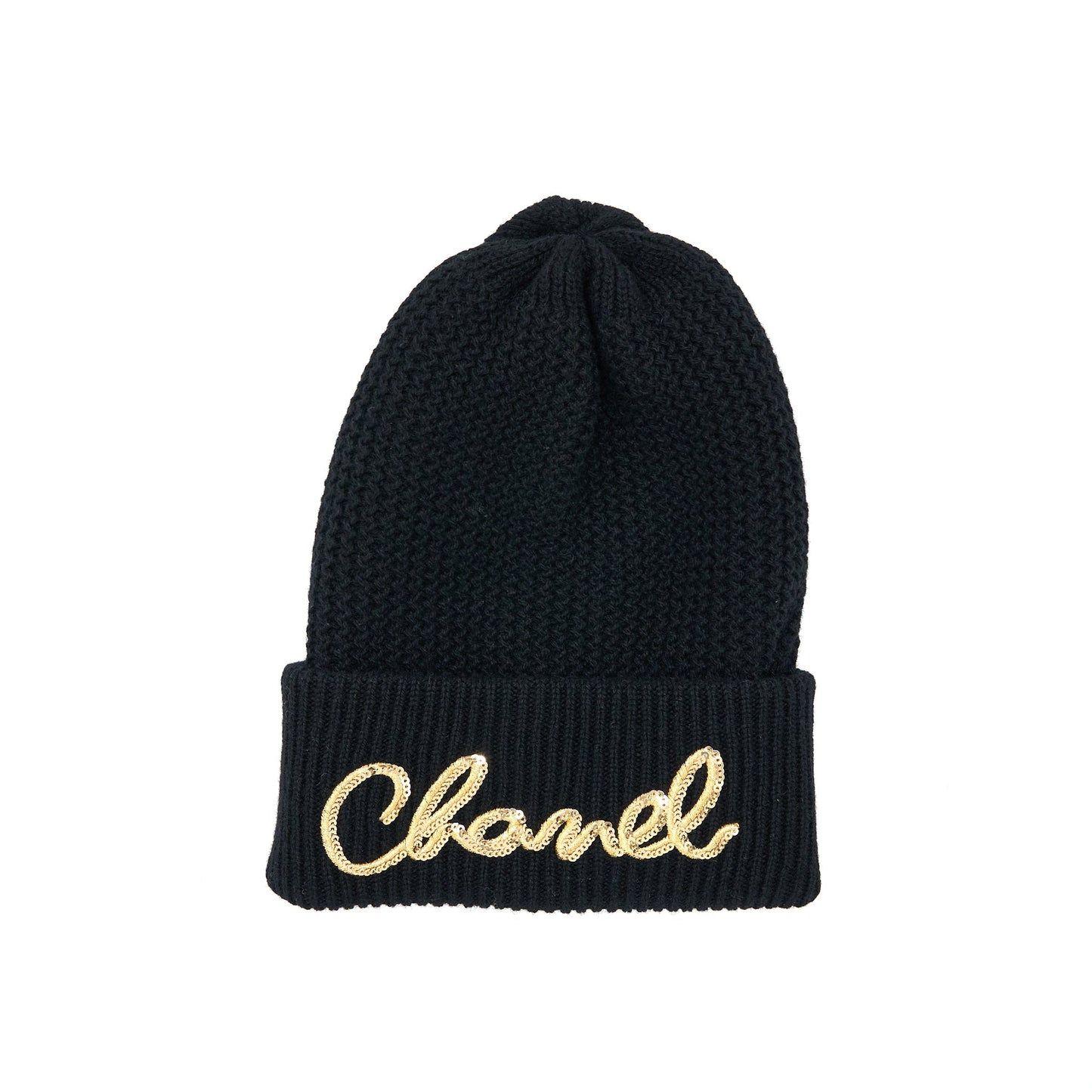 Chanel Cashmere Beanie Letters Black Gold Hat