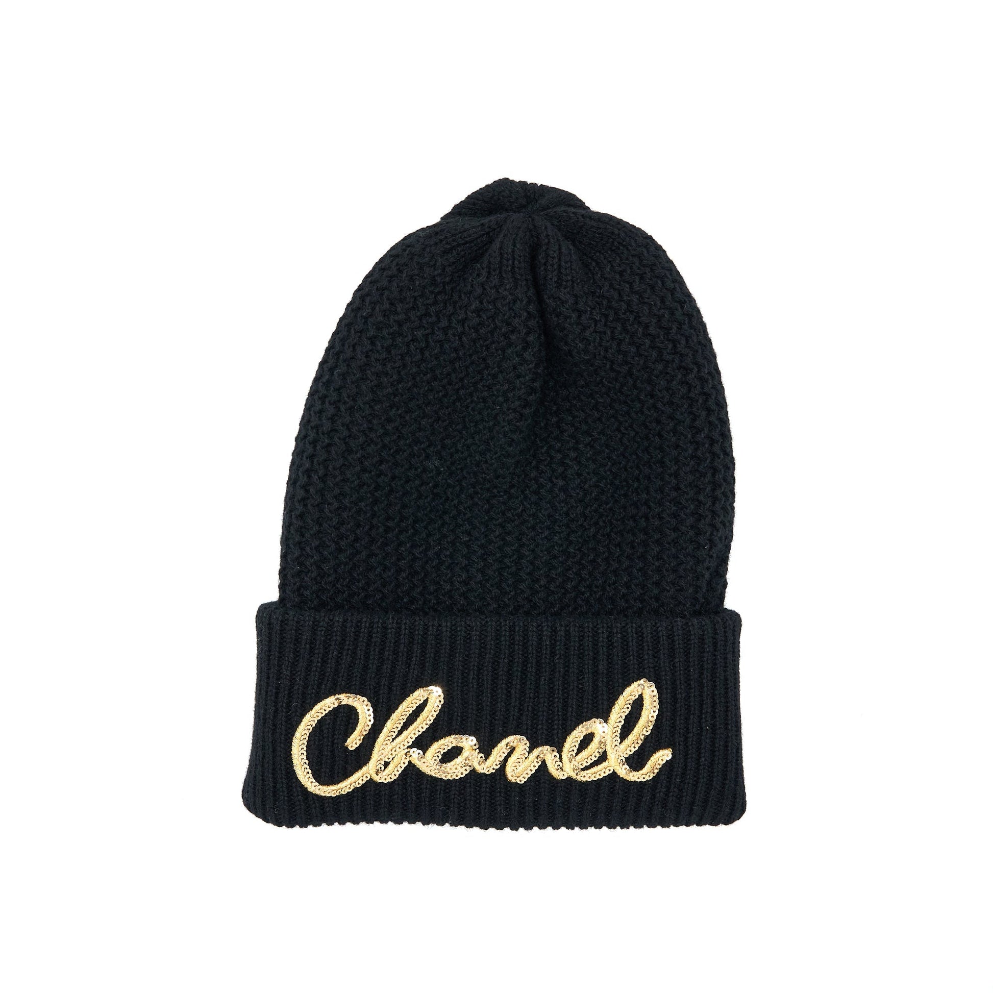 Chanel Cashmere Beanie Letters Black Gold Hat