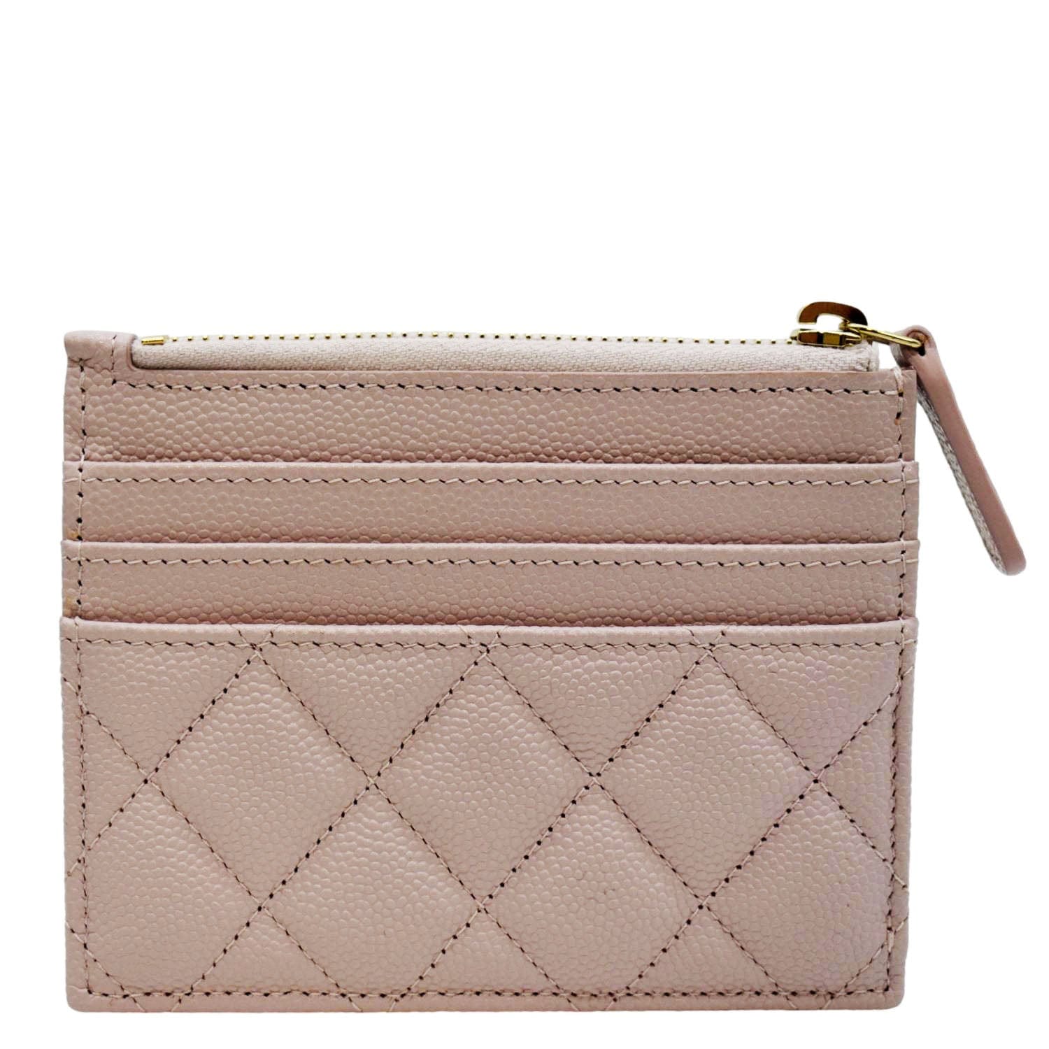 Chanel Quilted Caviar Top Zip Card Leather Pink Wallet Case