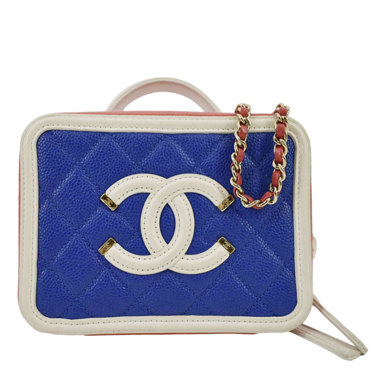 Chanel Filigree Quilted Caviar Top Handle Leather Blue Travel Bag
