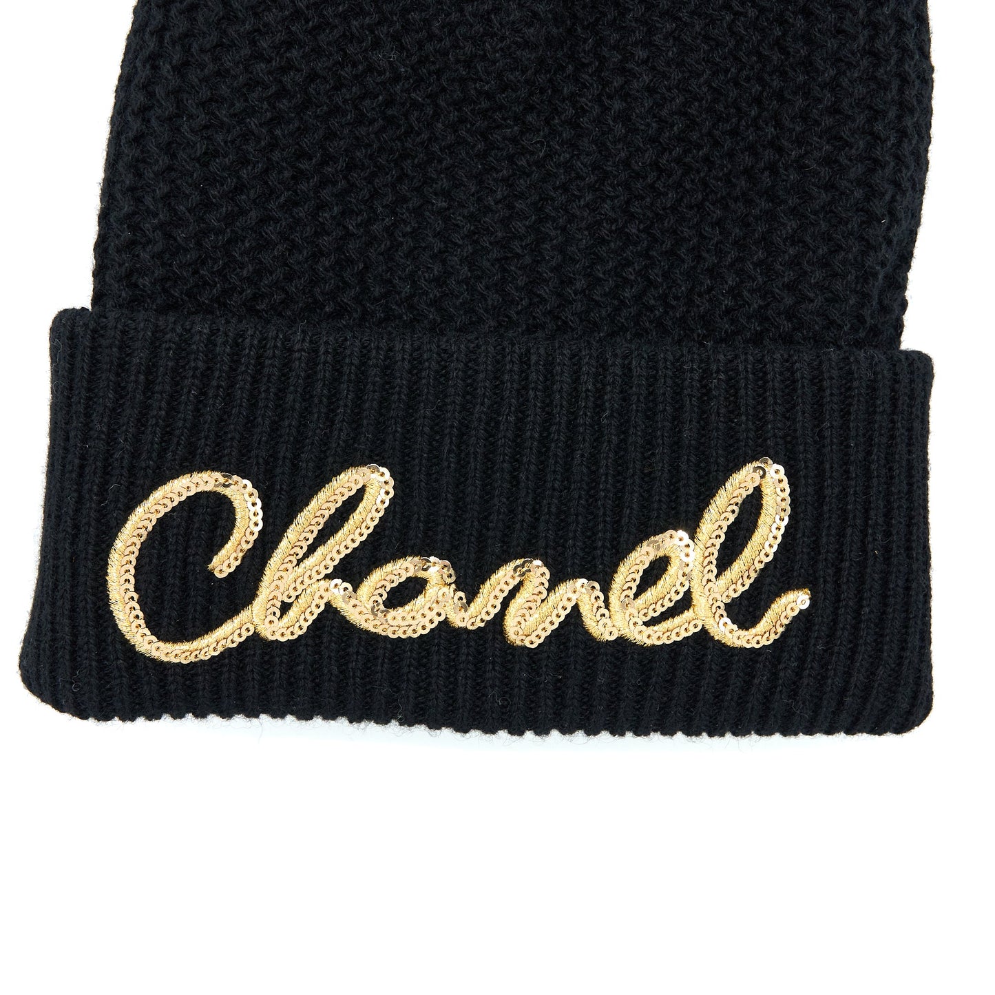 Chanel Cashmere Beanie Letters Black Gold Hat