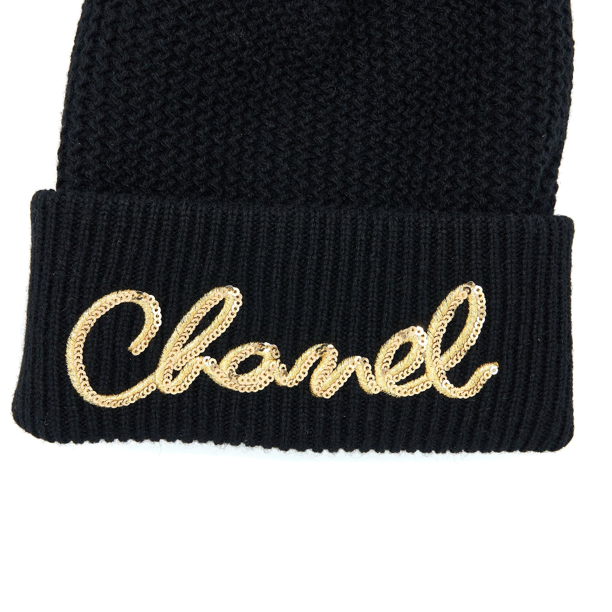 Chanel Cashmere Beanie Letters Black Gold Hat