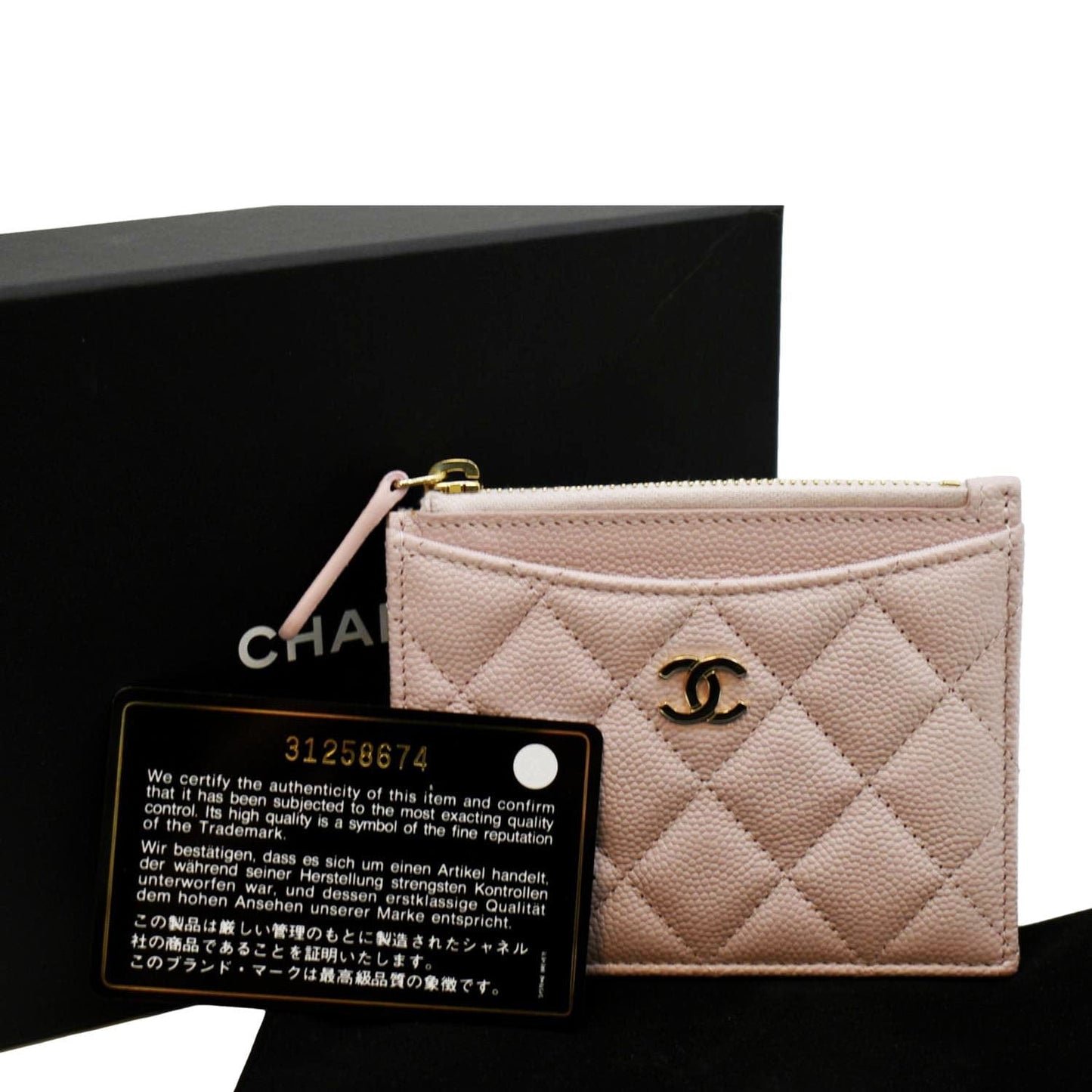 Chanel Quilted Caviar Top Zip Card Leather Pink Wallet Case