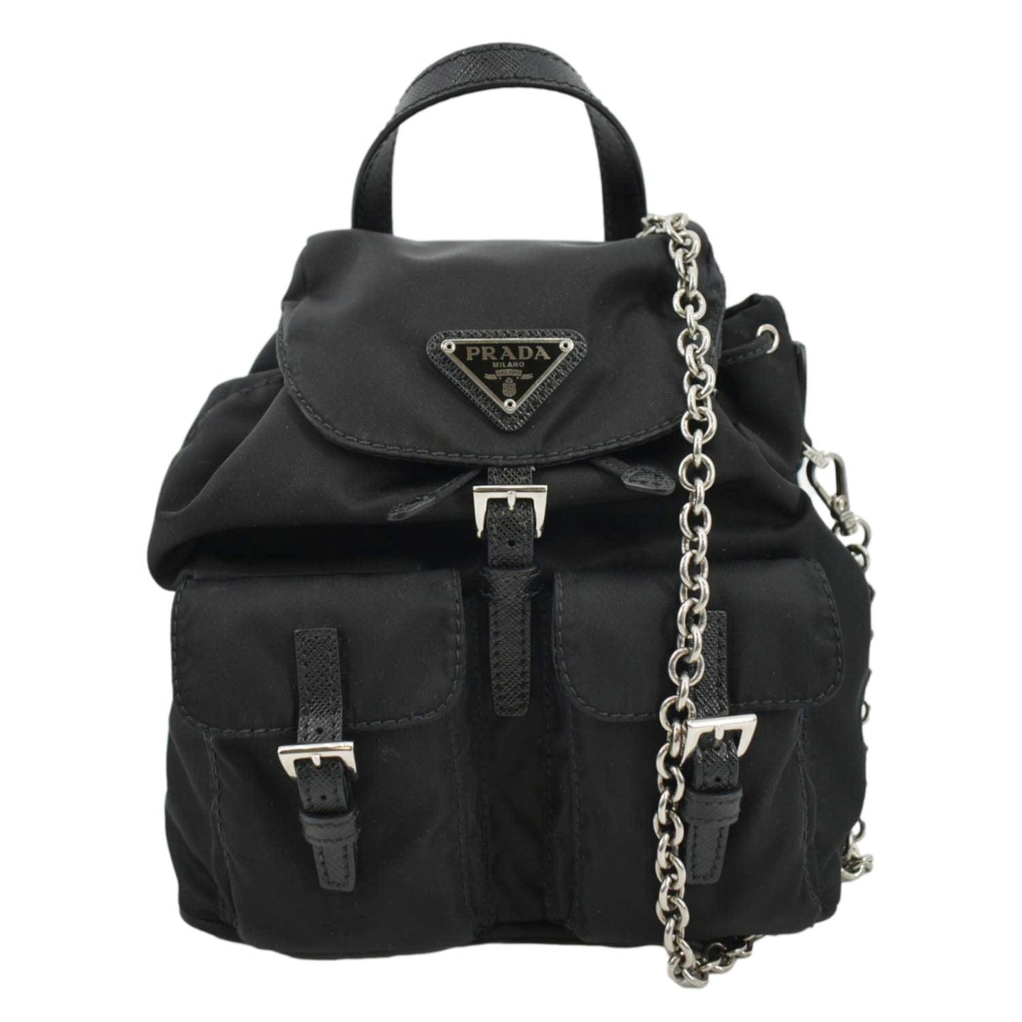 Prada Double Pocket Backpack Shoulder Bag Nylon Black Mini