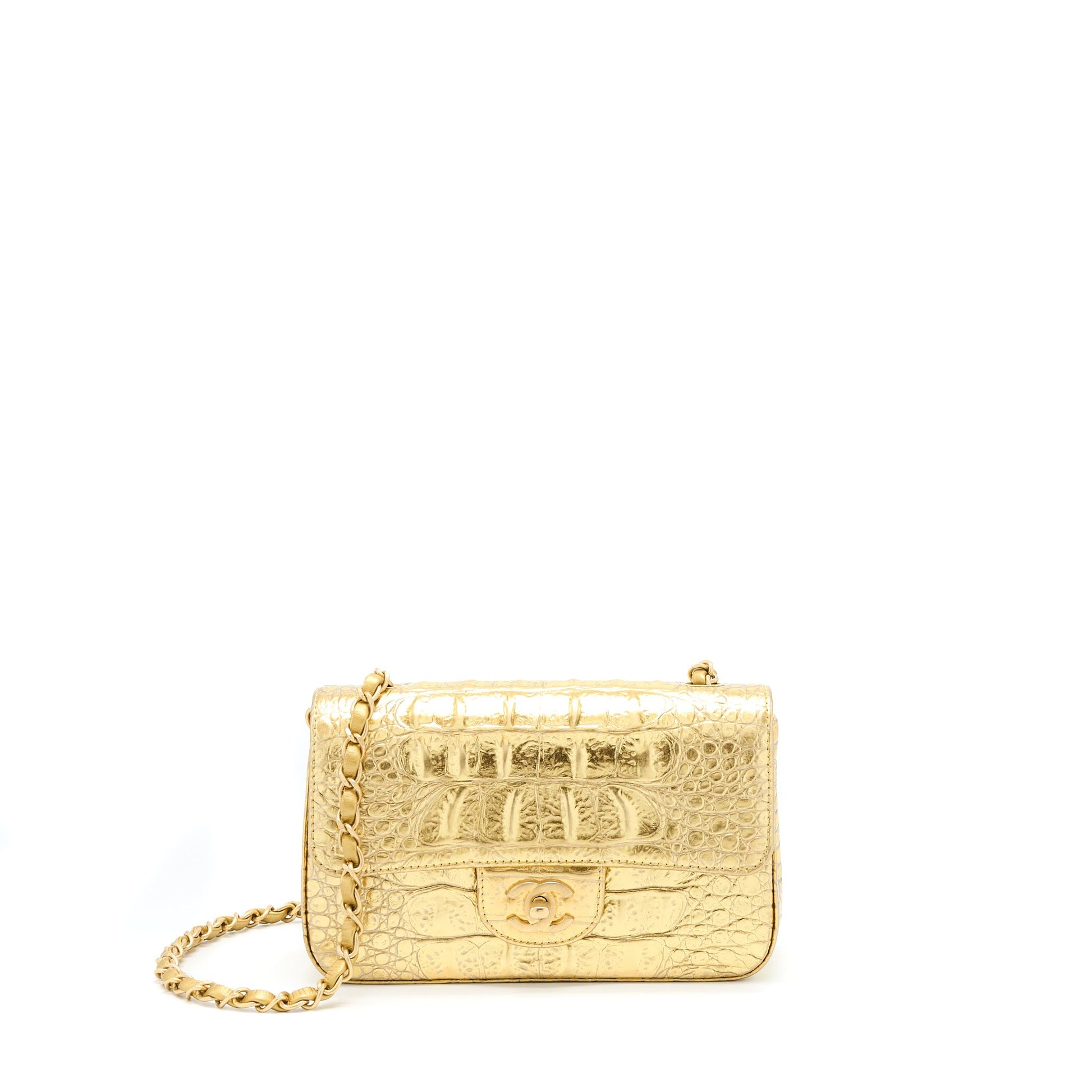 Chanel Rectangular Flap Croc Embossed Calfskin GHW Black Gold Shoulder Bag