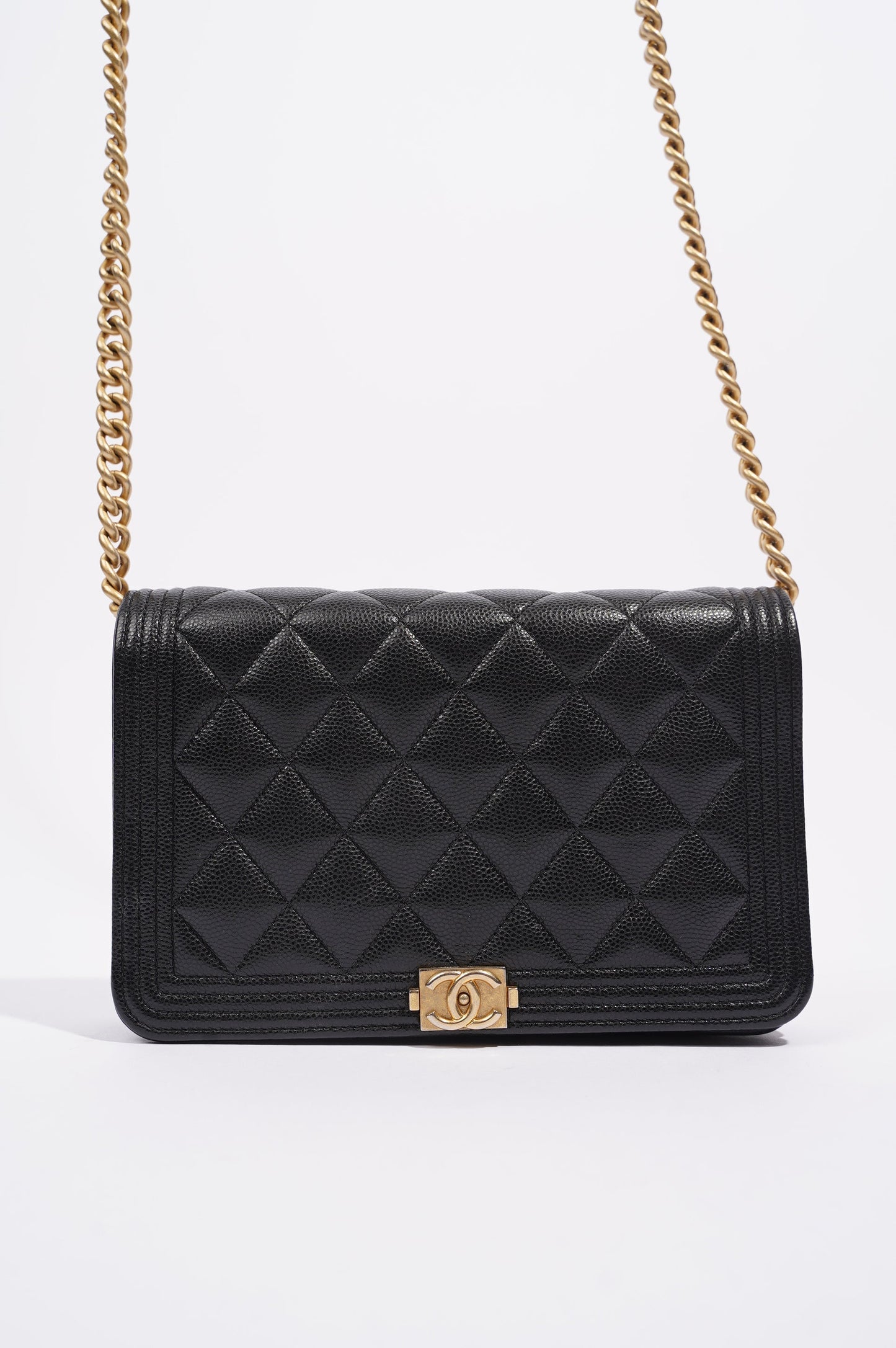 Chanel Womens Boy Wallet On Chain Black Caviar   Gold