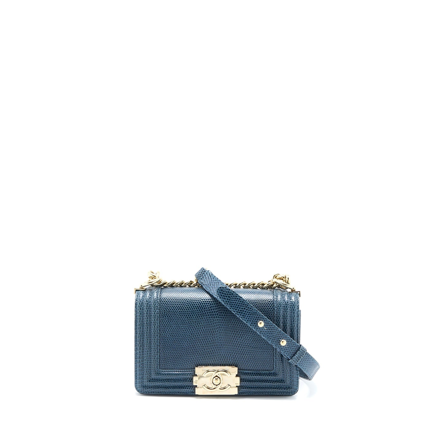 Chanel Boy Lizard Dark LGHW Blue Small Handbag
