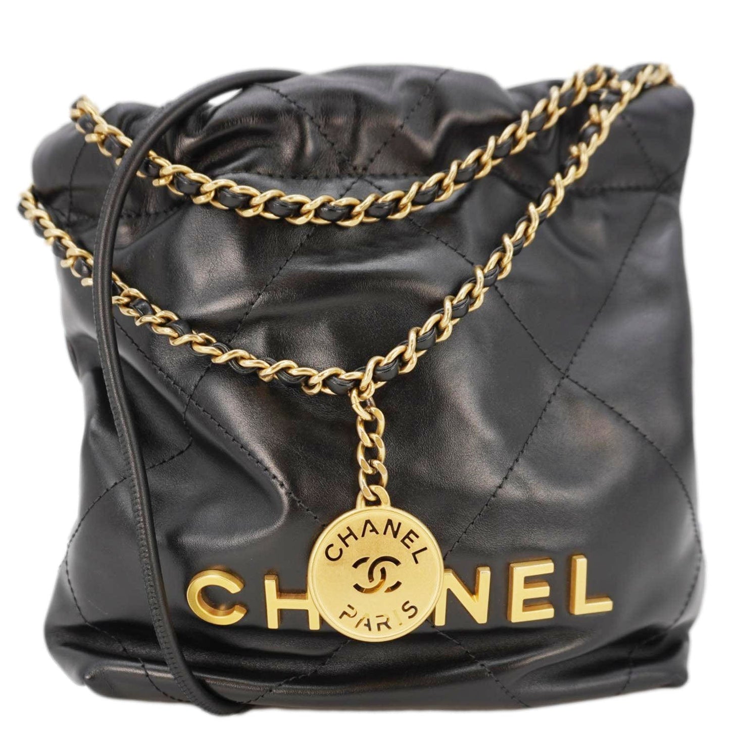 Chanel Pearl 22 Shiny Crumpled Leather Black Travel Bag