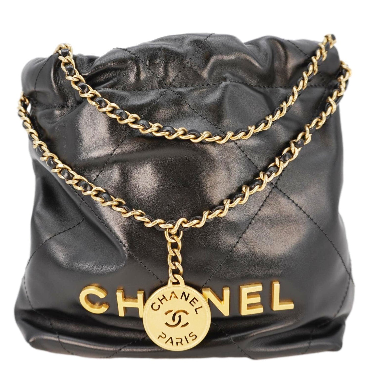 Chanel Pearl 22 Shiny Crumpled Leather Black Travel Bag