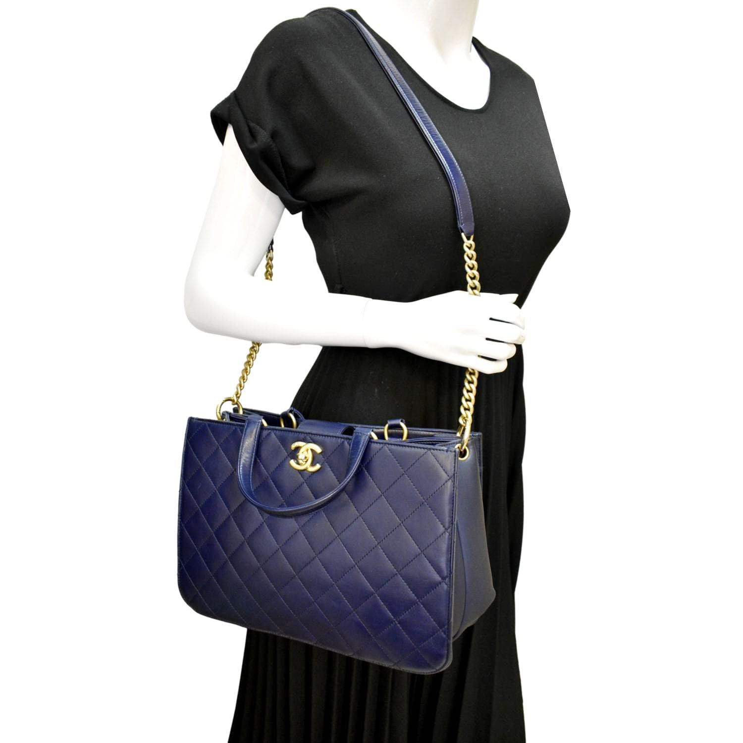 Chanel Straight Lined Shopping Quilted Leather Blue Travel Bag