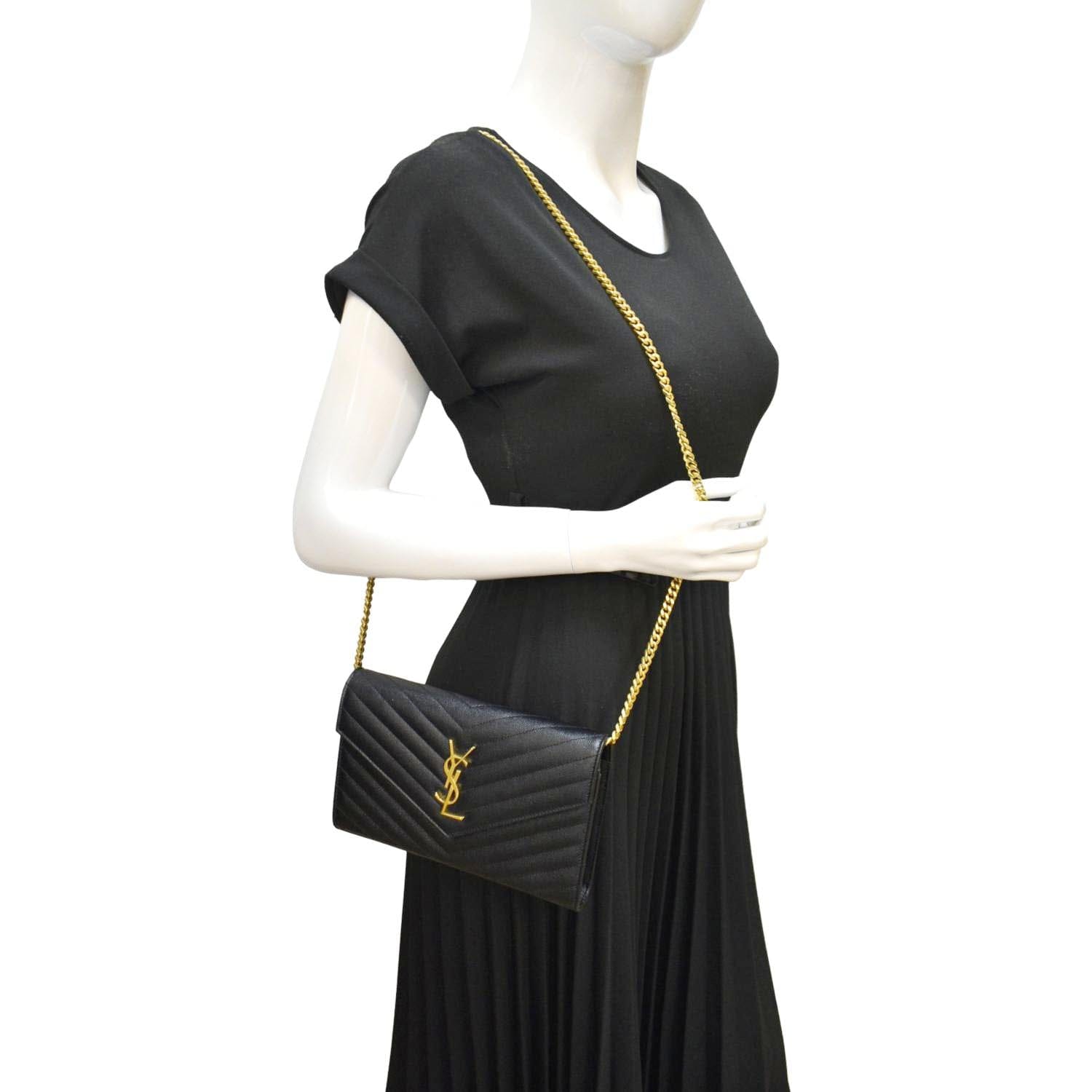 YSL Saint Laurent Yves Envelope Shoulder Bag Leather Black Chain
