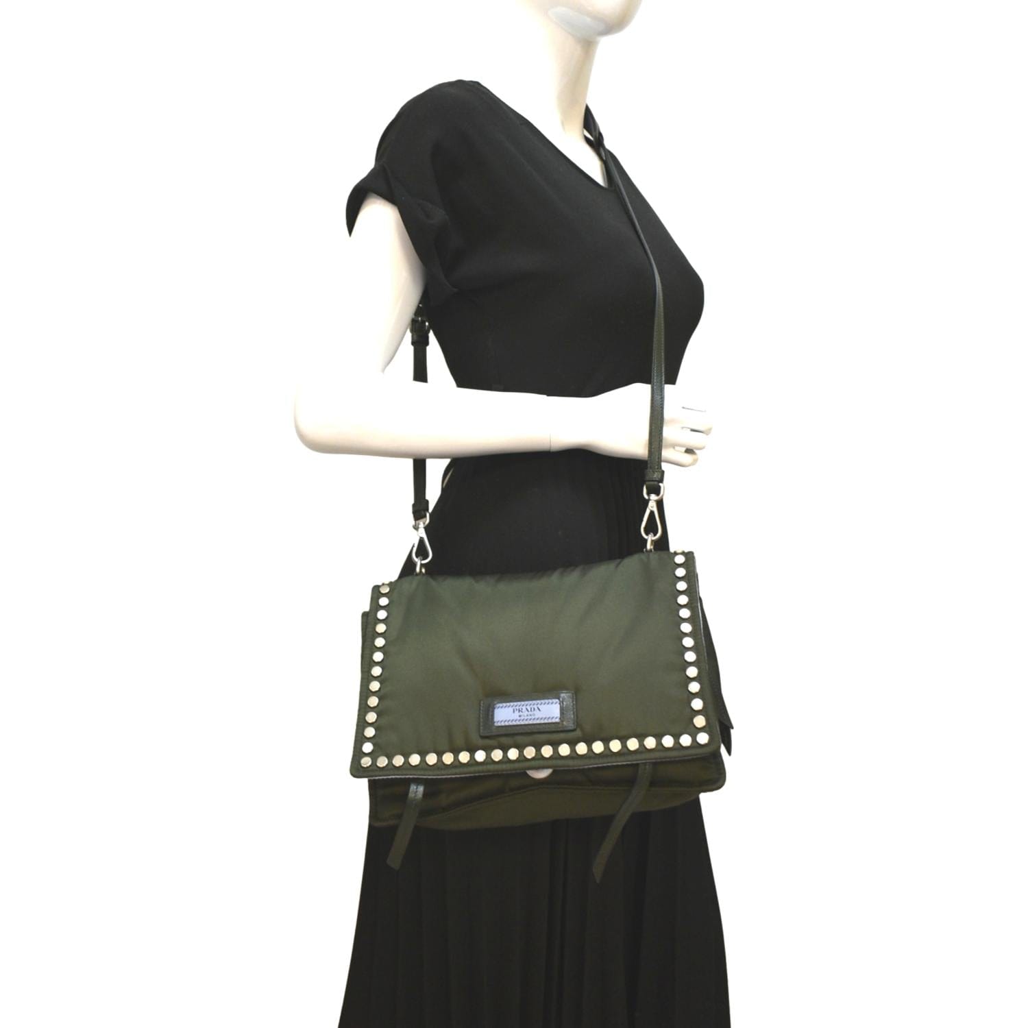 Prada Tessuto Studded Etiquette Shoulder Bag Olive Nylon Green