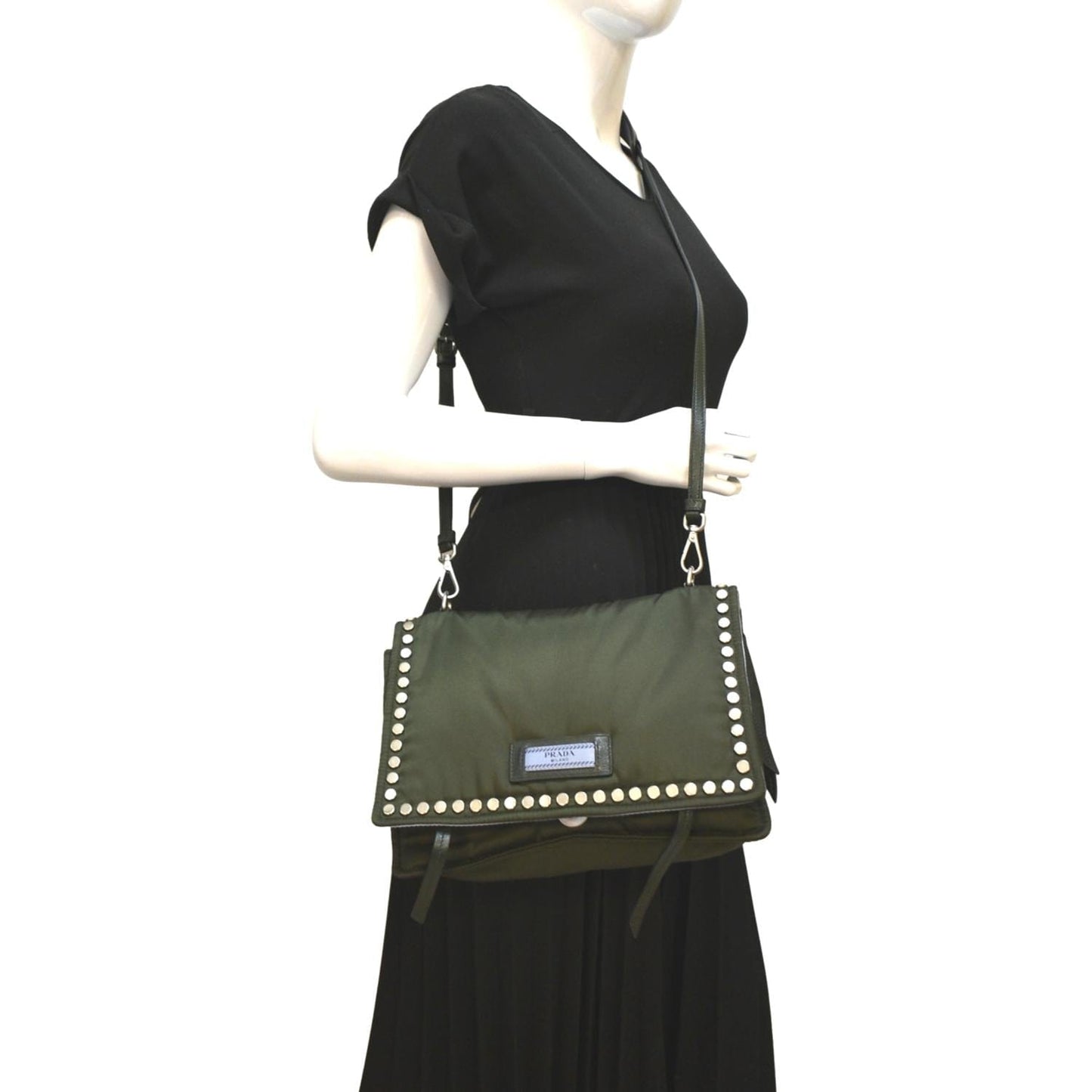 Tessuto Studded Etiquette Shoulder Bag Olive Nylon Green