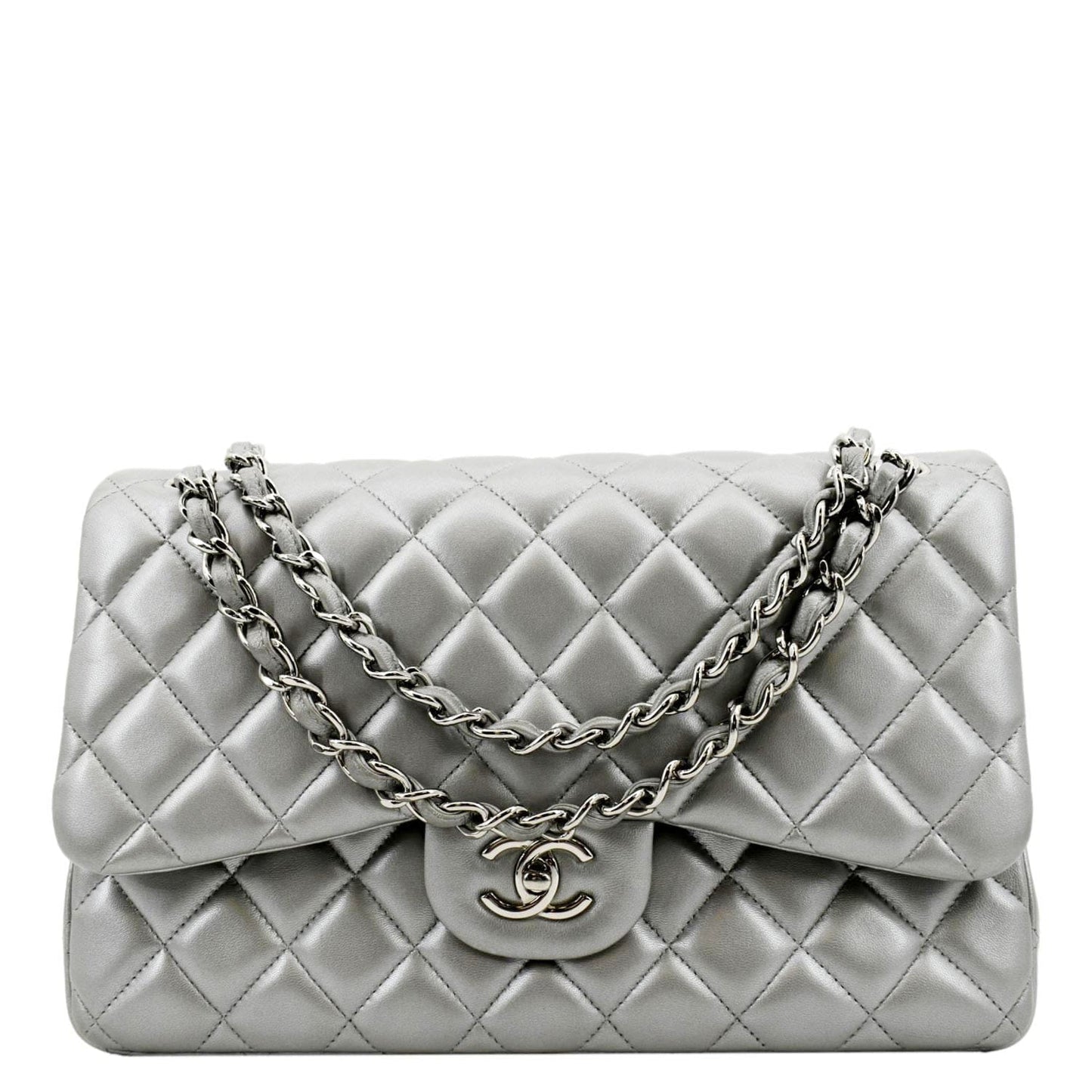Louis Vuitton CHANEL Jumbo Flap Quilted Leather Silver Travel Bag