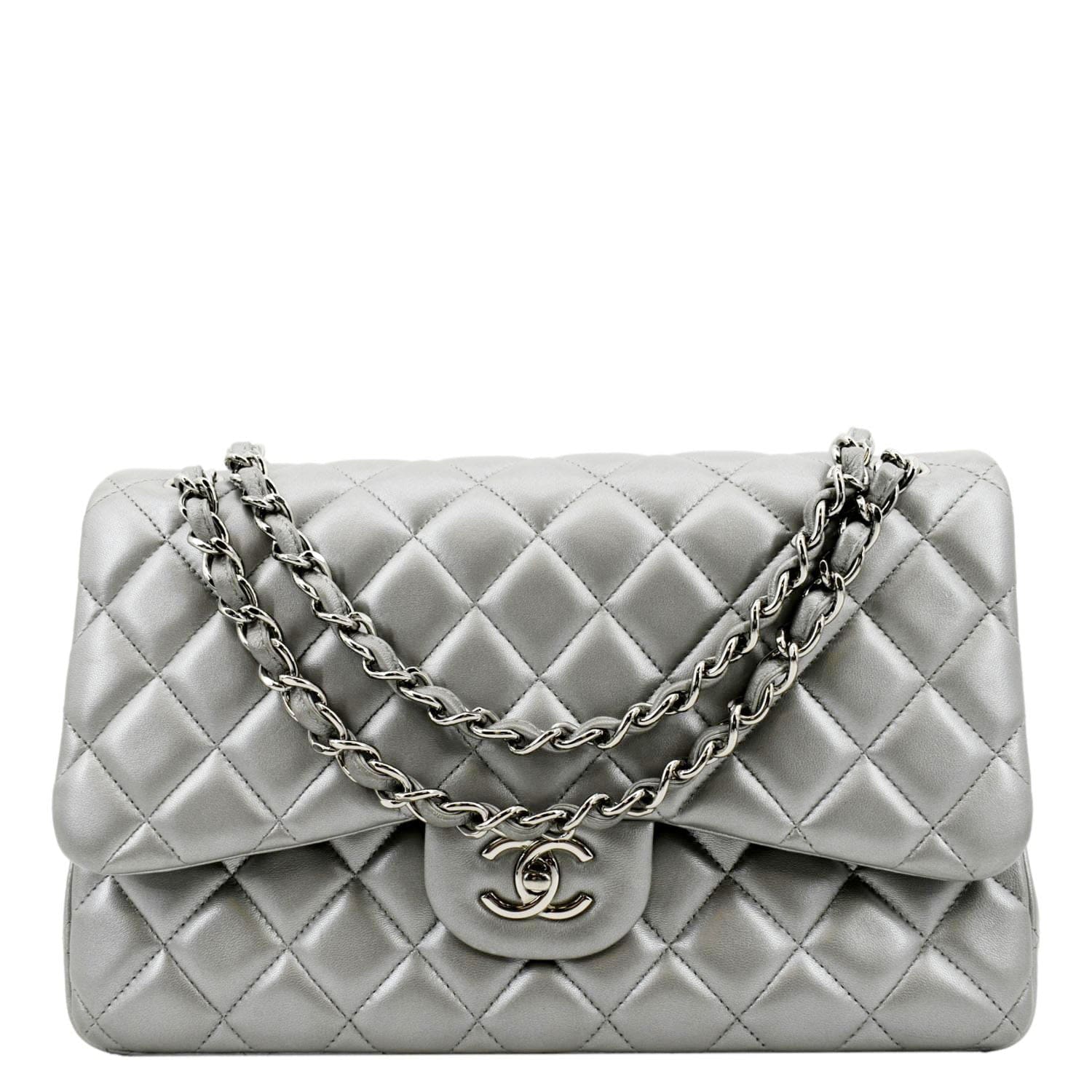 Louis Vuitton CHANEL Jumbo Flap Quilted Leather Silver Travel Bag