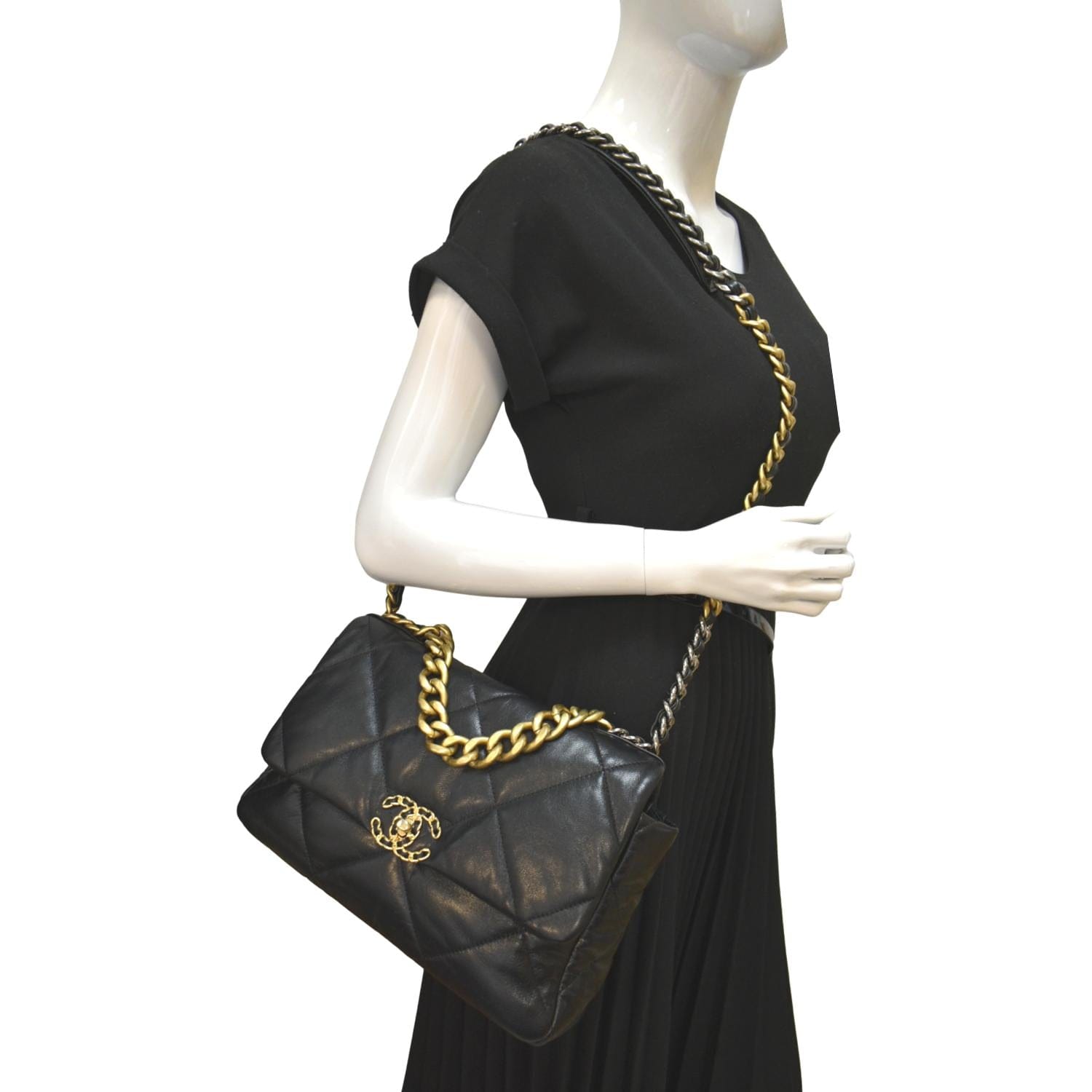 Chanel 19 Quilted Flap Leather Lambskin Black Travel Bag