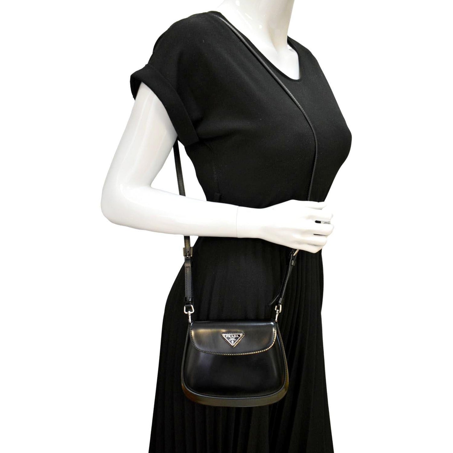 Prada Cleo Brushed Crossbody Bag Leather Black Mini