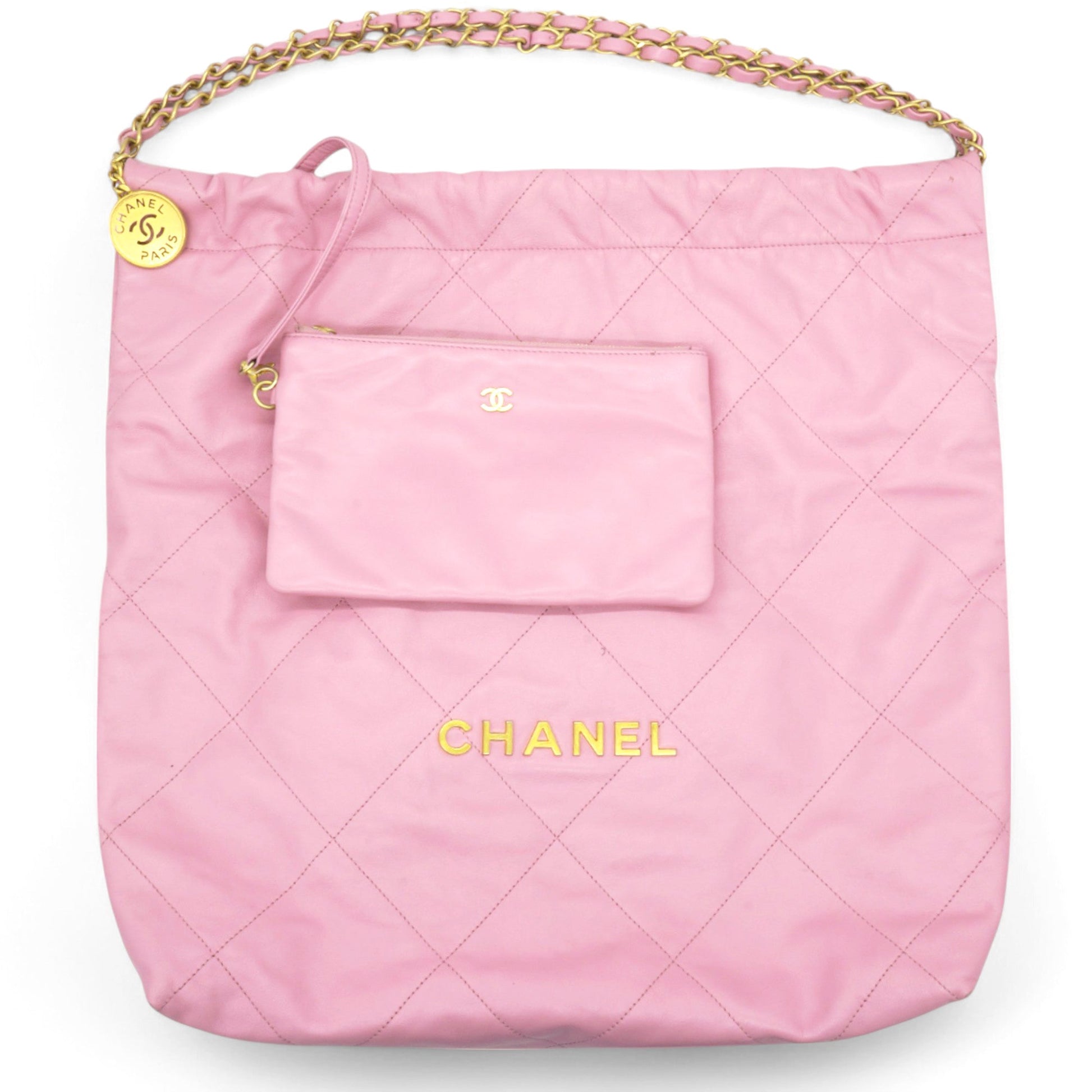 Chanel Shiny Quilted 22 Drawstring Bag Pink Large