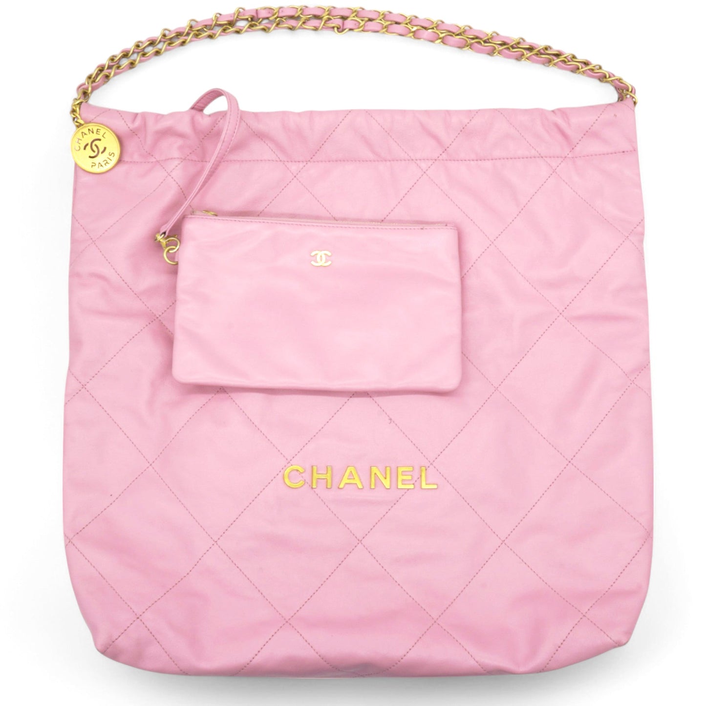 Shiny Quilted Chanel 22 Drawstring Bag Pink Large