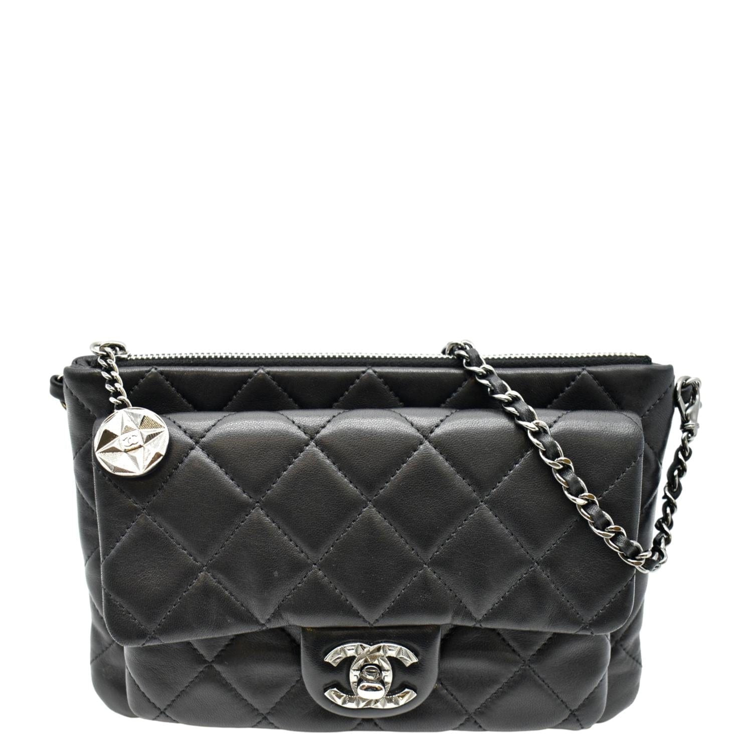 Chanel Classic Flap Zip Pocket Quilted Leather Black Travel Bag