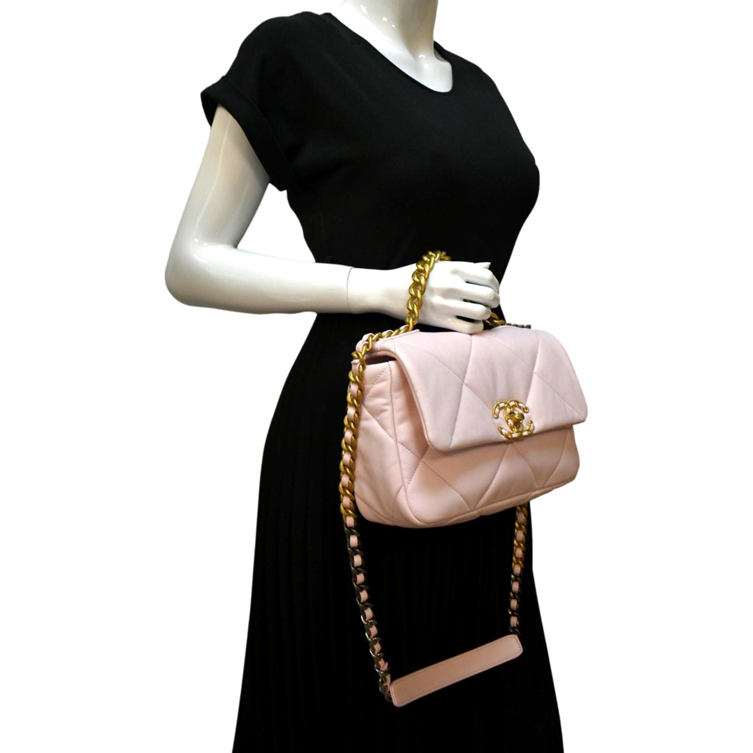 Chanel 19 Flap Quilted Light Leather Lambskin Pink Travel Bag
