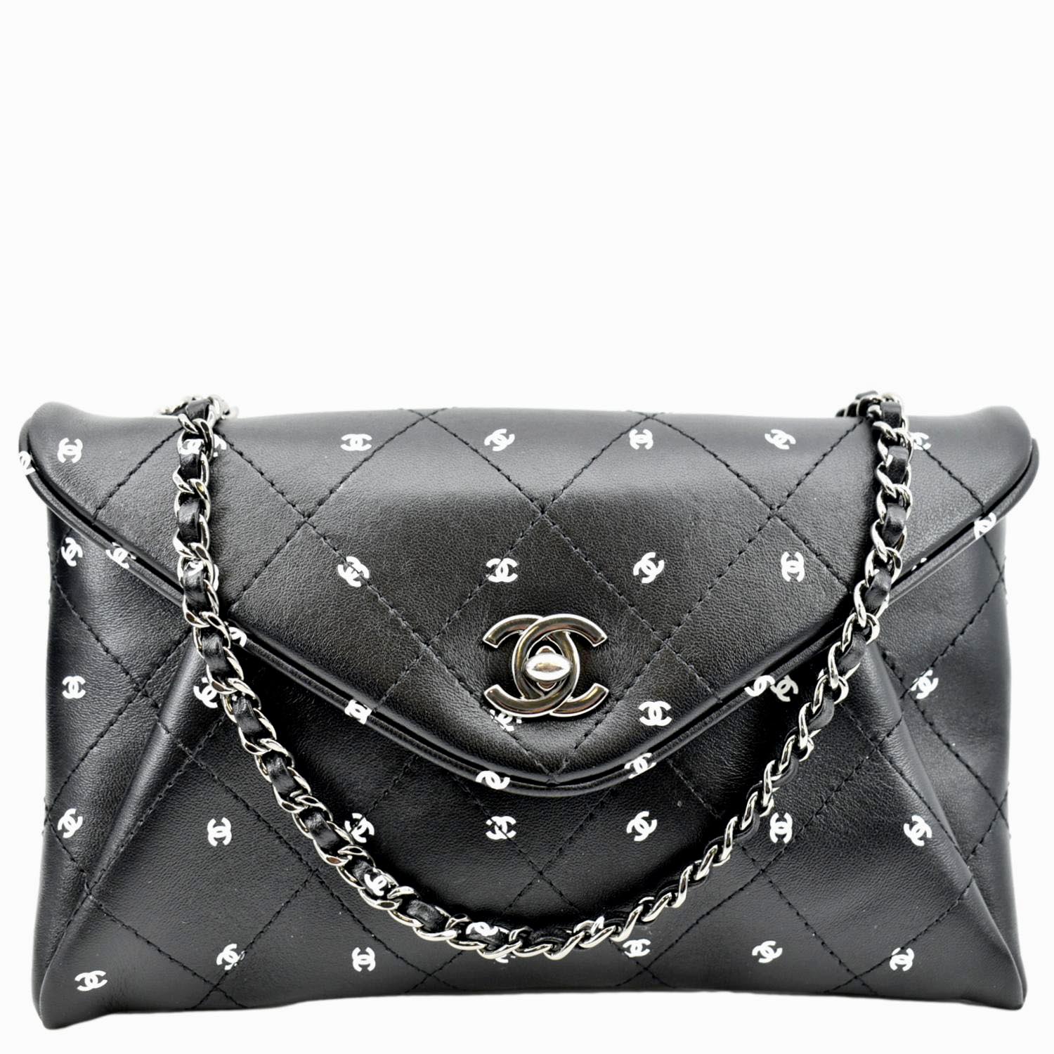 Chanel CC Envelope Printed Lambskin Leather Chain Clutch Bag Black