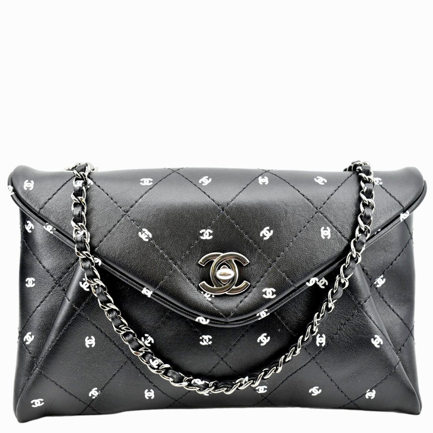 Chanel Cc Envelope Printed Lambskin Leather Chain Clutch Bag Black