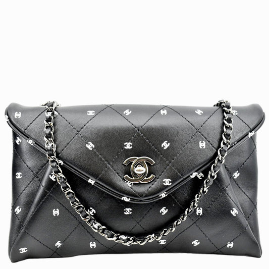 Chanel Cc Envelope Printed Lambskin Leather Chain Clutch Bag Black